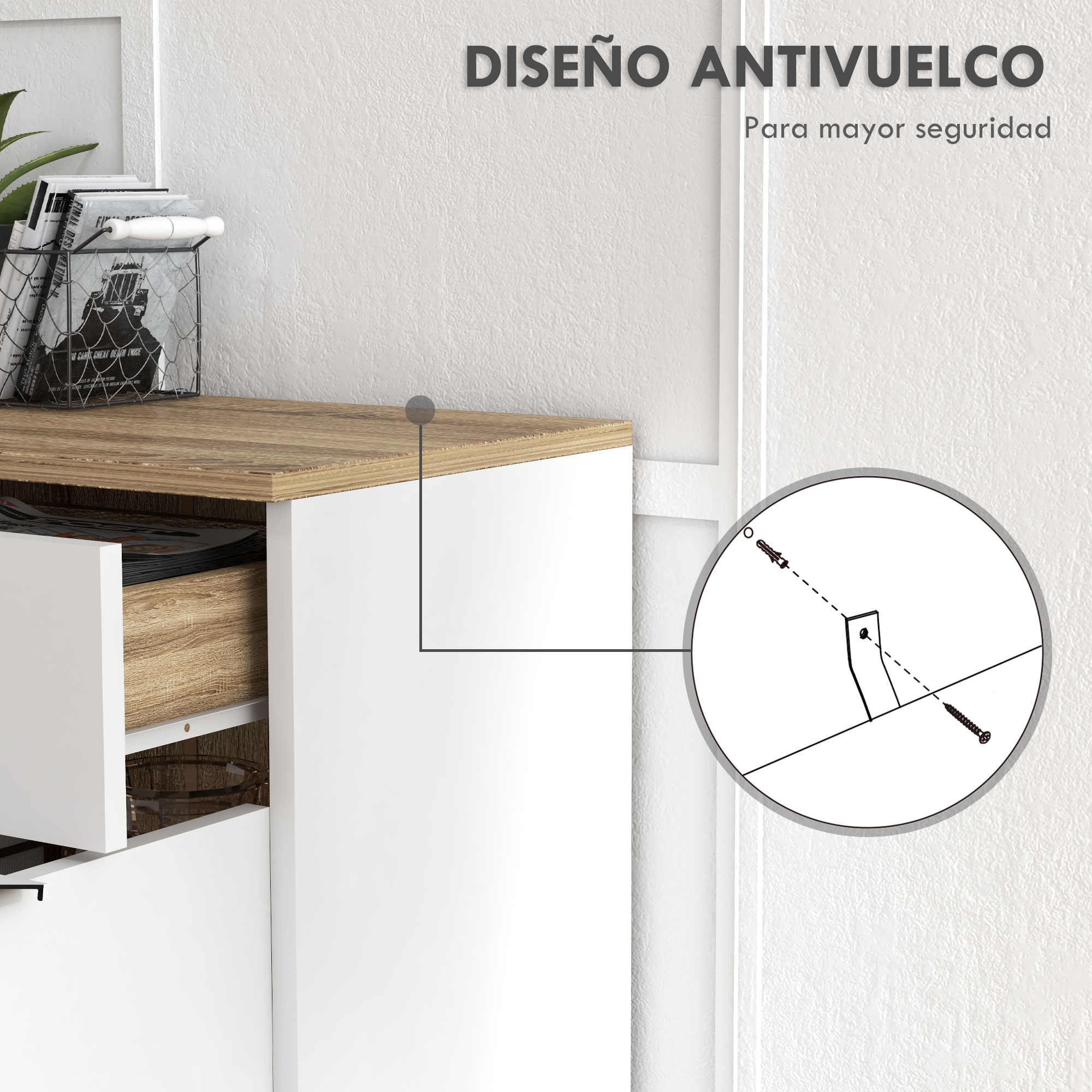 Kit antivuelco para muebles con tornillos y anclajes.