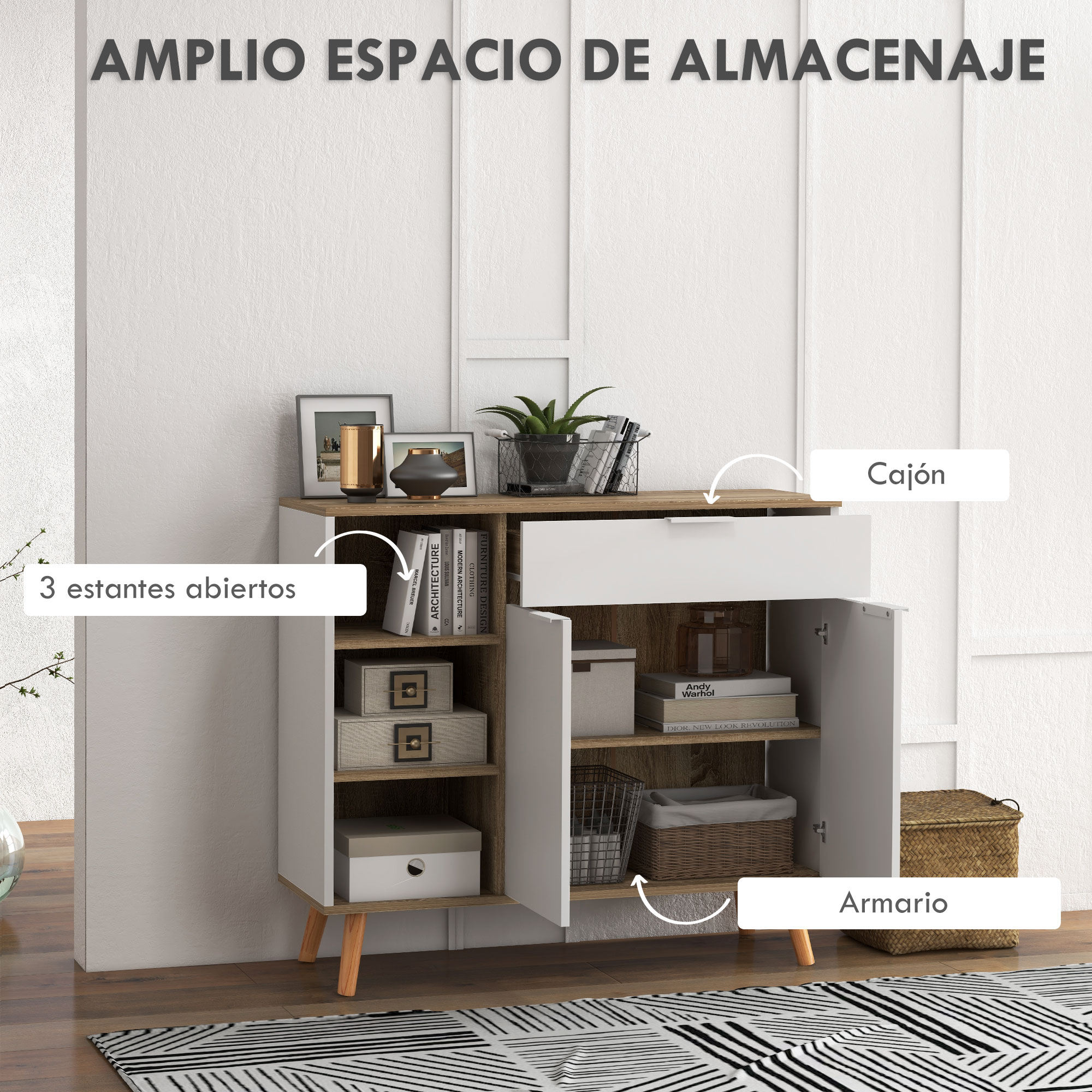 Un mueble blanco y de madera con cajón, estantes abiertos y puertas.
