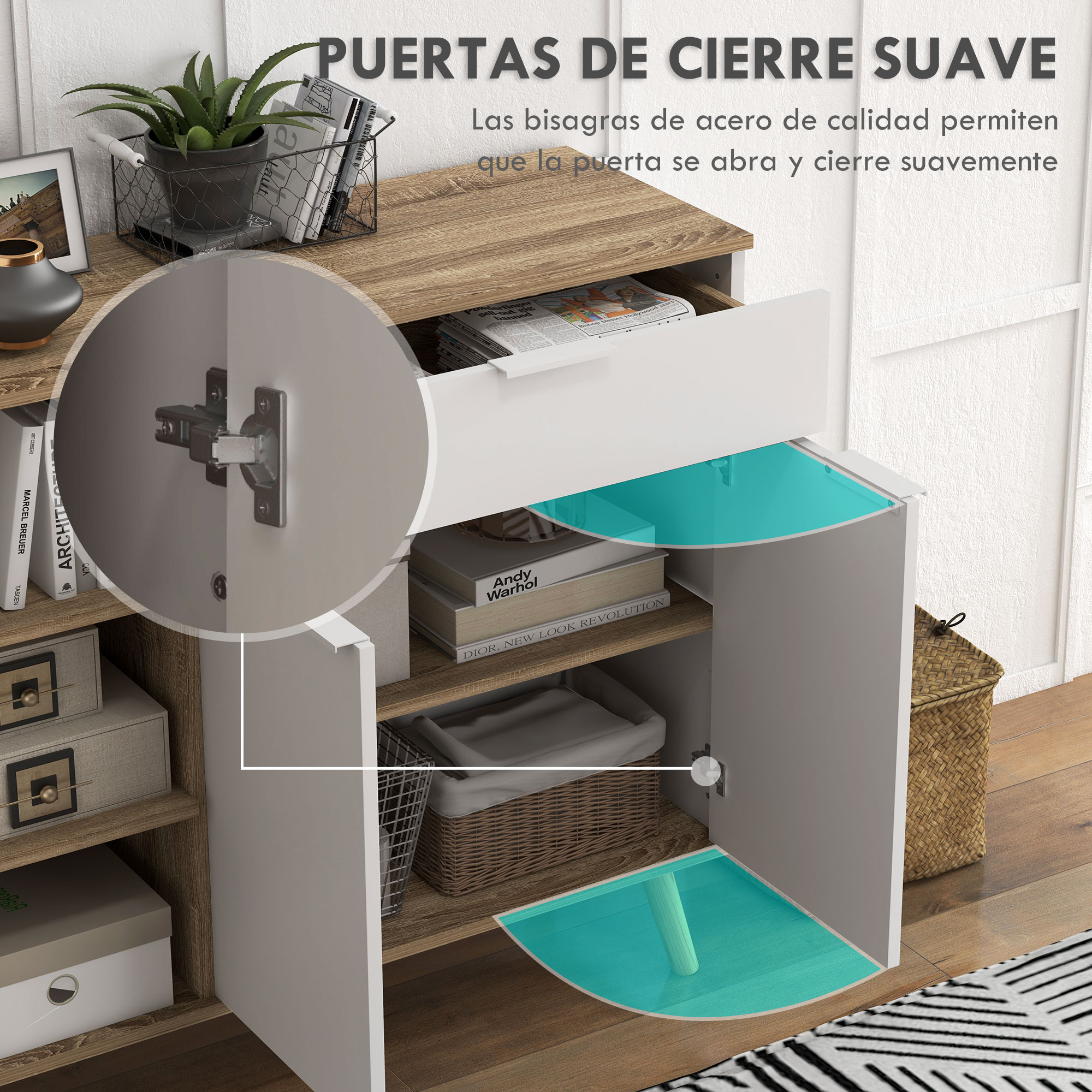 Un mueble blanco con acabados de madera y un primer plano de sus bisagras.