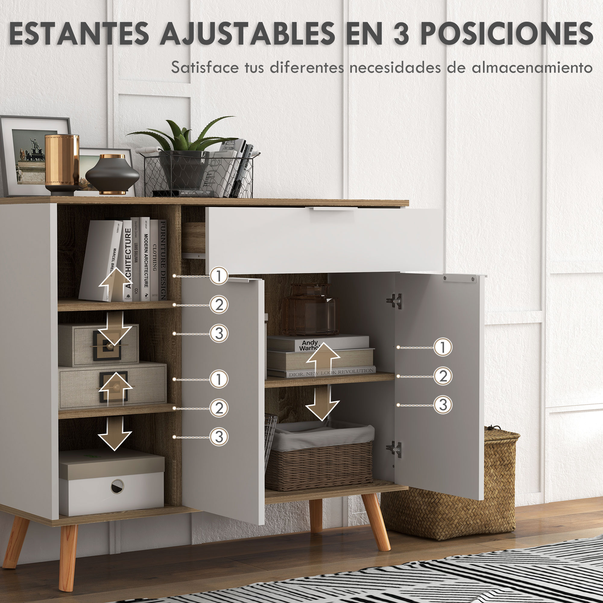 Un armario blanco con detalles de madera, lleno de libros, cestas y cajas.