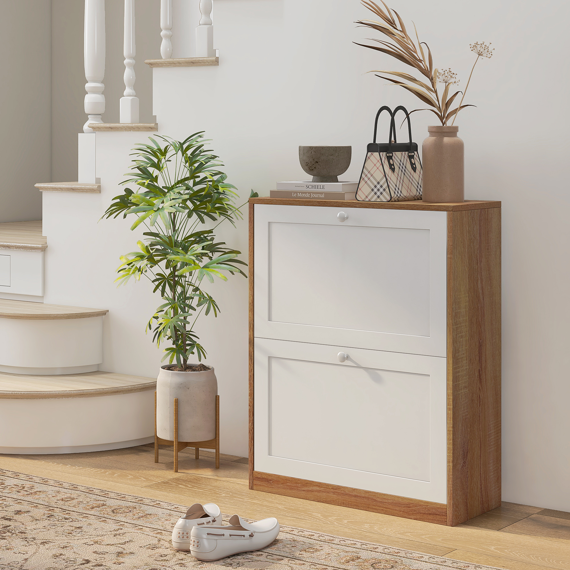 Un zapatero blanco con detalles de madera junto a escaleras y una planta verde.