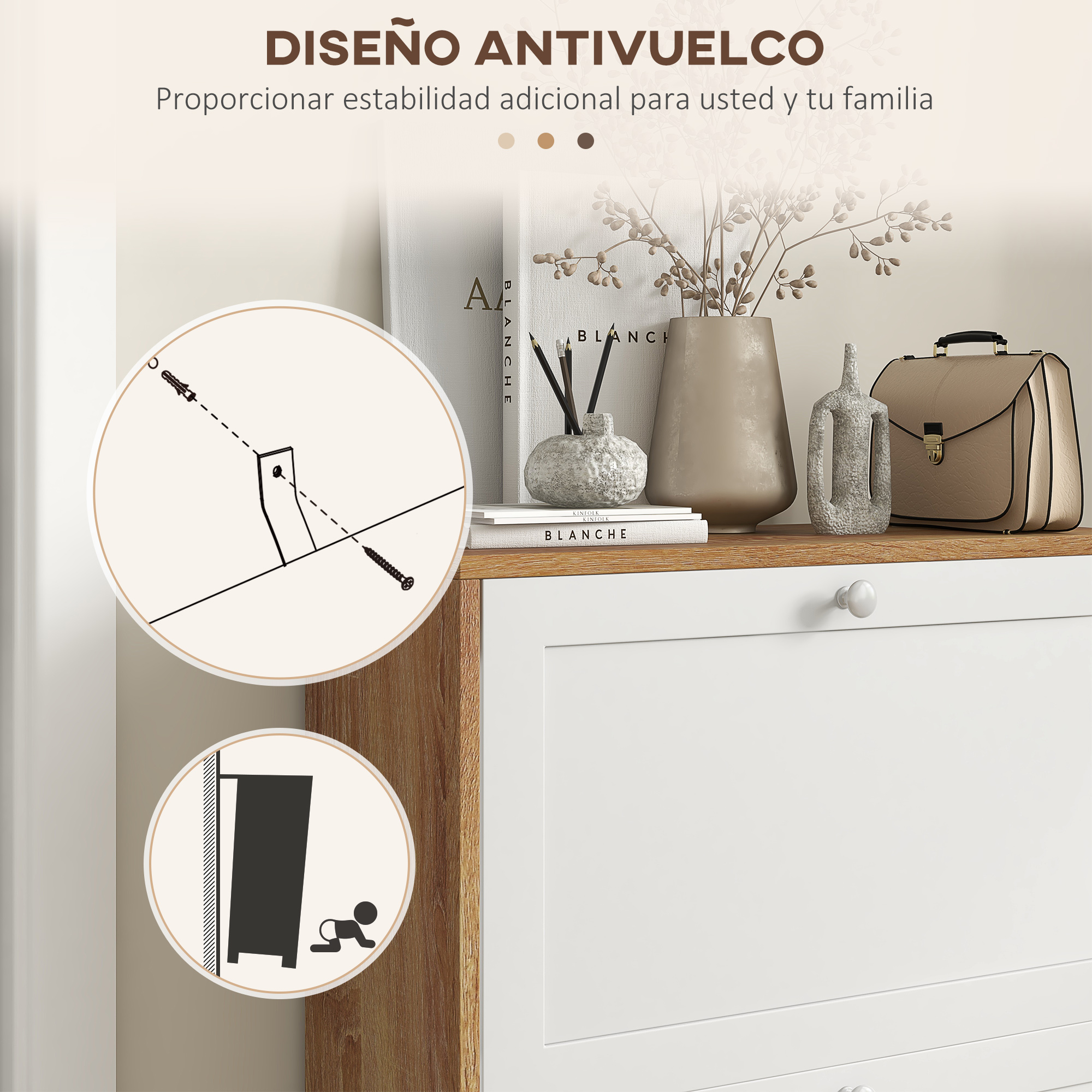 La imagen muestra anclajes de seguridad para muebles y una ilustración de un niño volcando muebles.