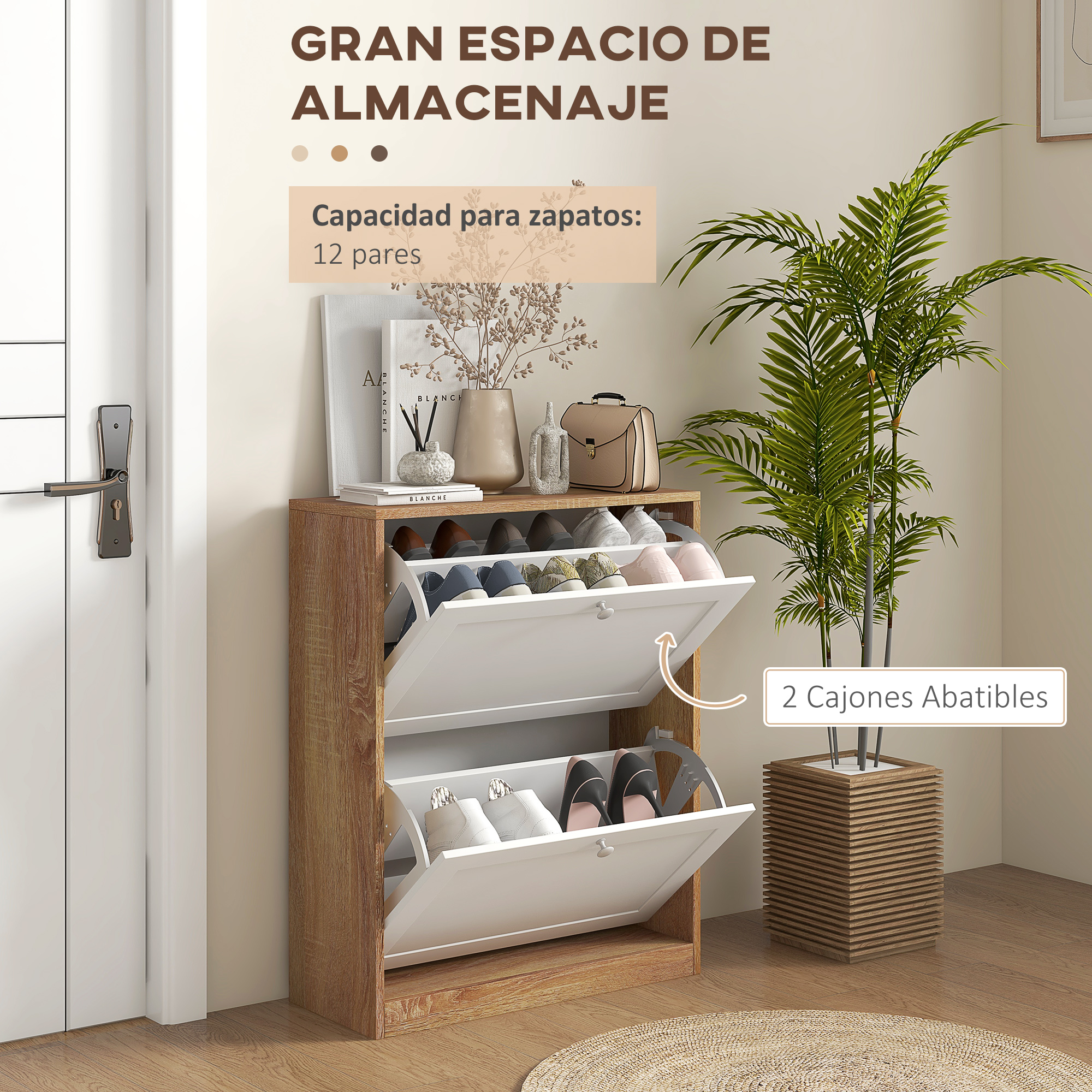 Zapatero de madera con compartimentos abatibles y plantas.