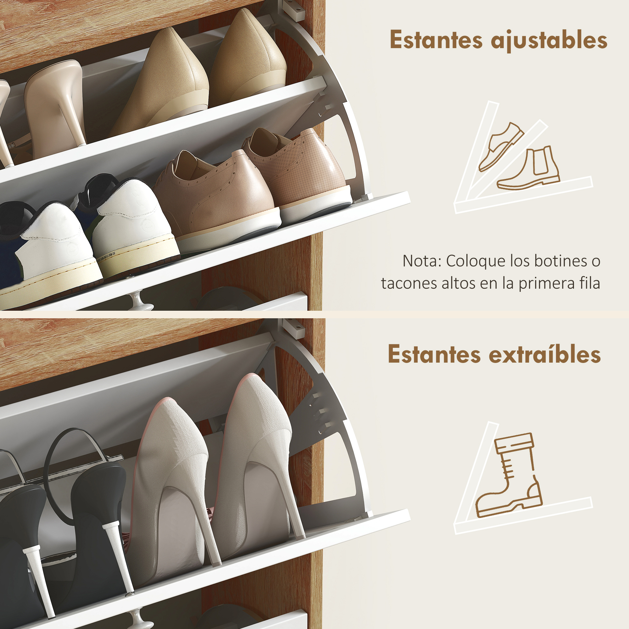 Zapateros con estantes ajustables y extraíbles para varios zapatos.