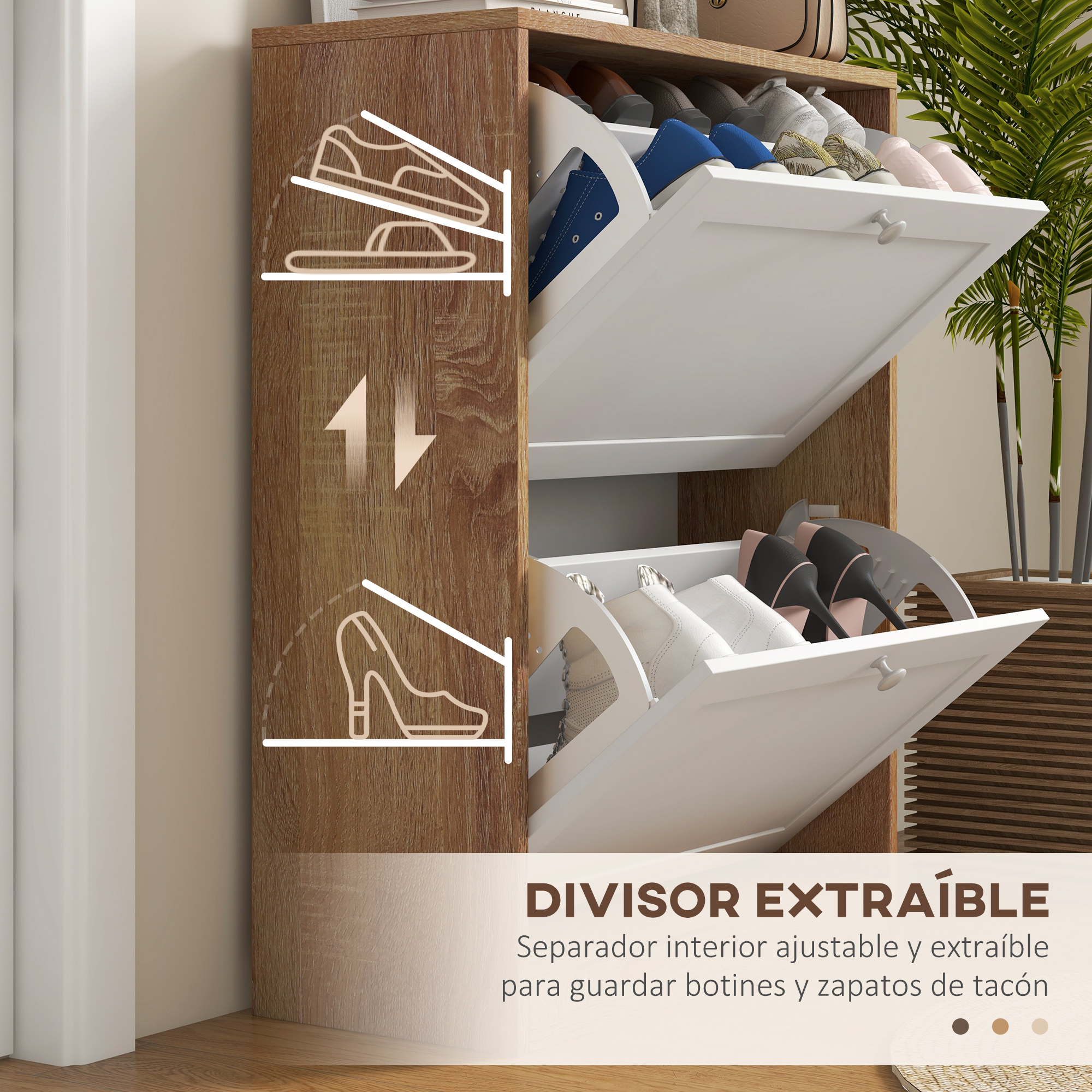 Mueble de madera para zapatos con compartimentos abatibles que guardan calzado.