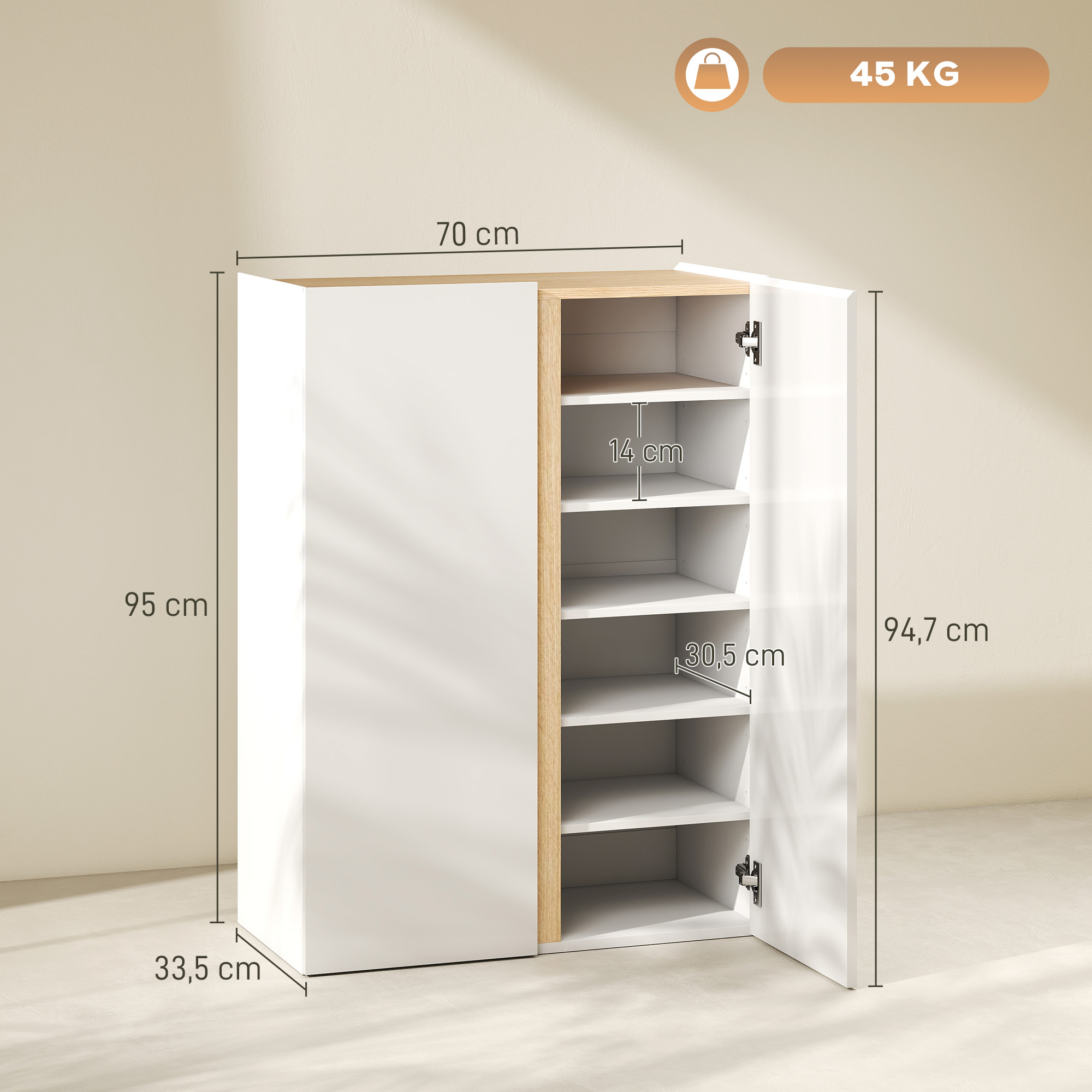 Un armario blanco con acento de madera, 70x95x33,5cm, 45kg.