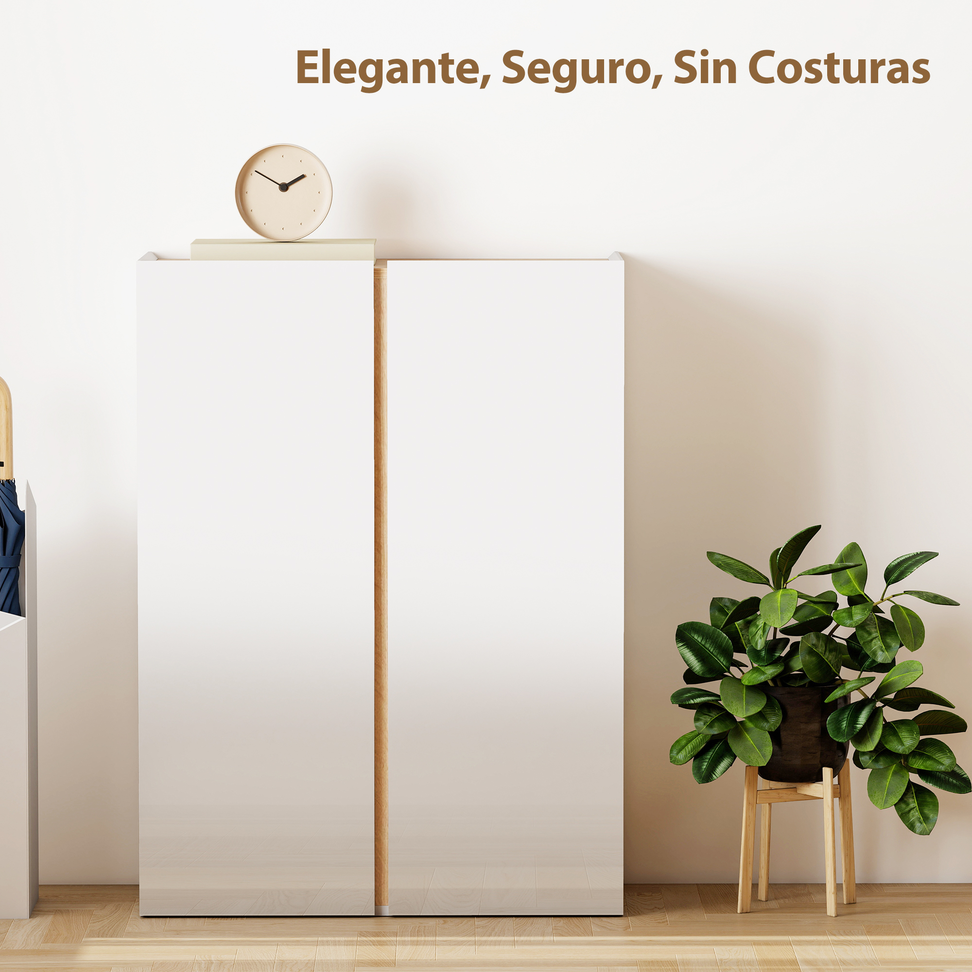 Un armario blanco con detalles de madera, reloj y planta.