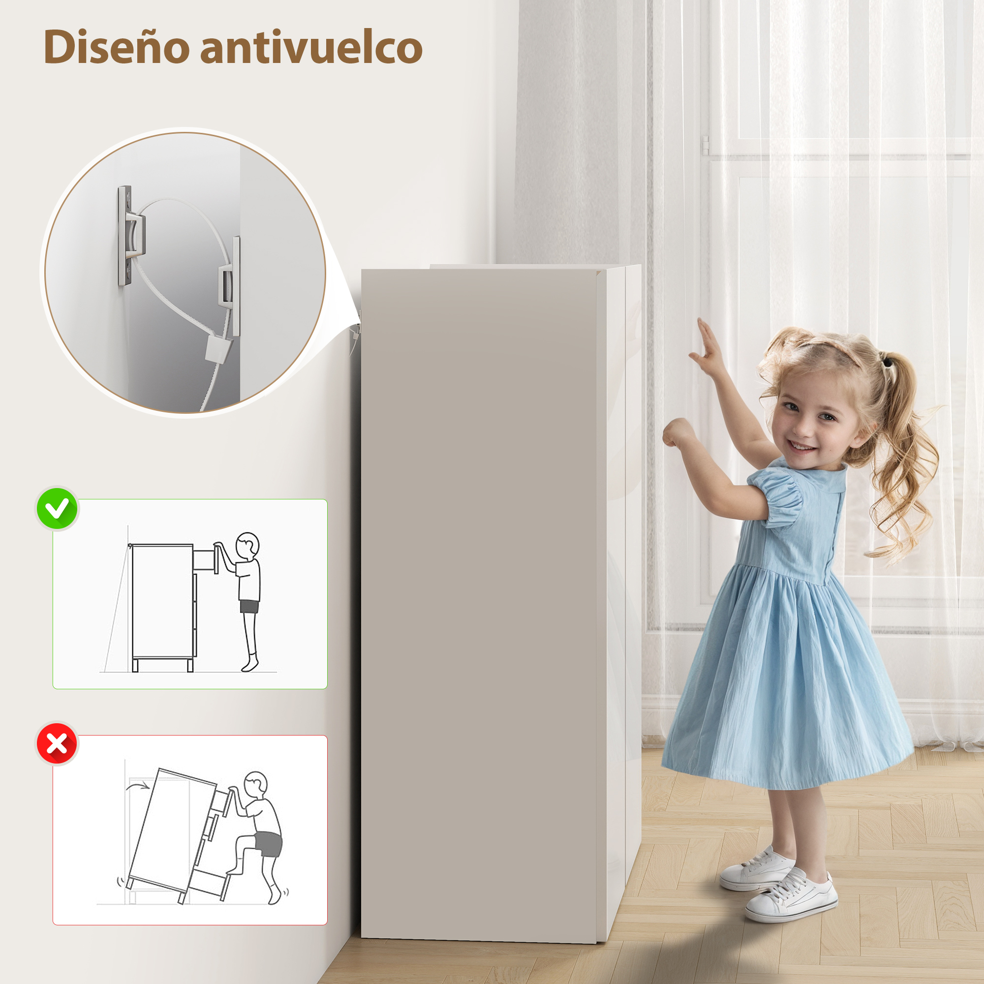Una niña sonriente con un vestido azul está junto a un armario blanco, con diagramas que muestran características de seguridad antivuelco.