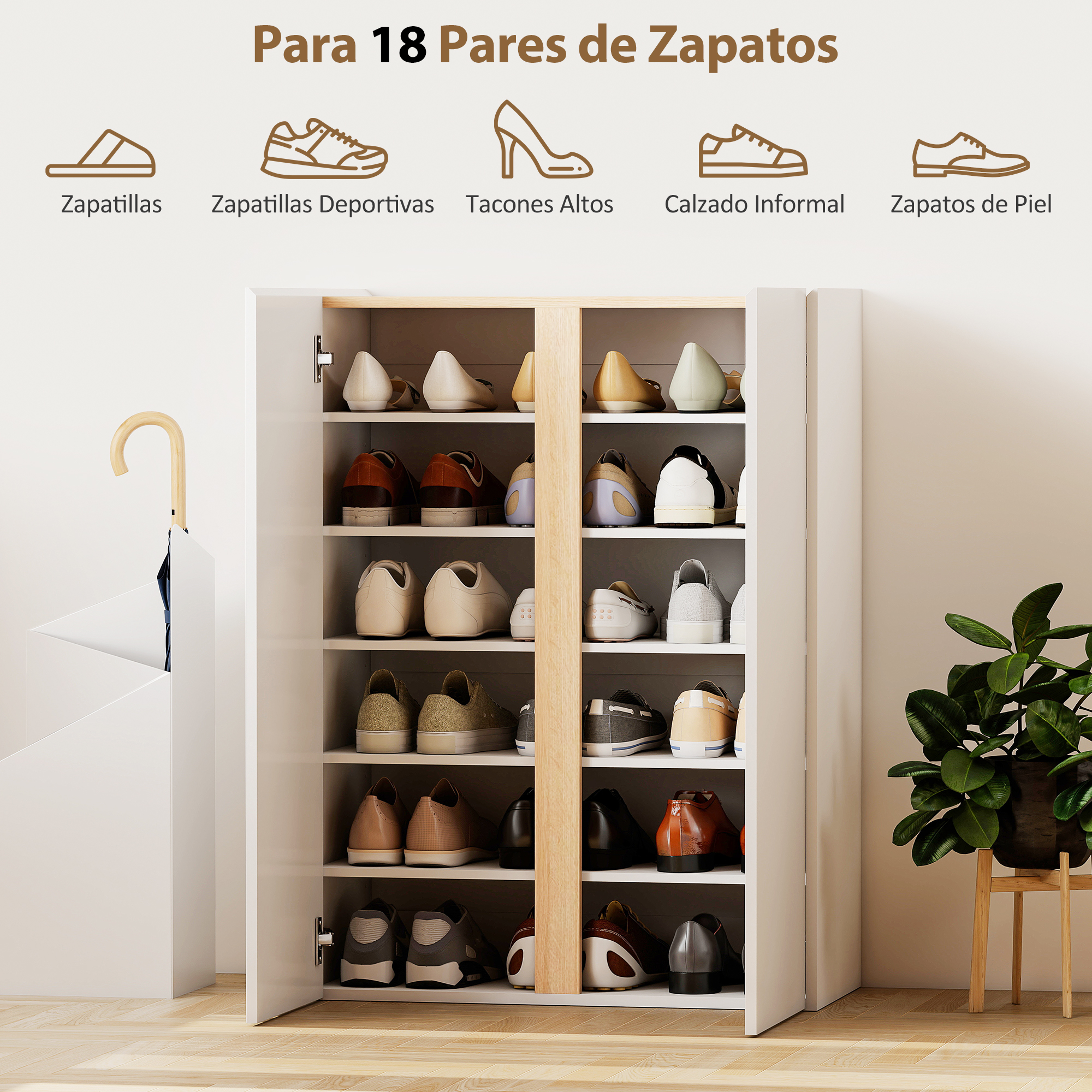 Un zapatero blanco con múltiples estantes llenos de varios zapatos.