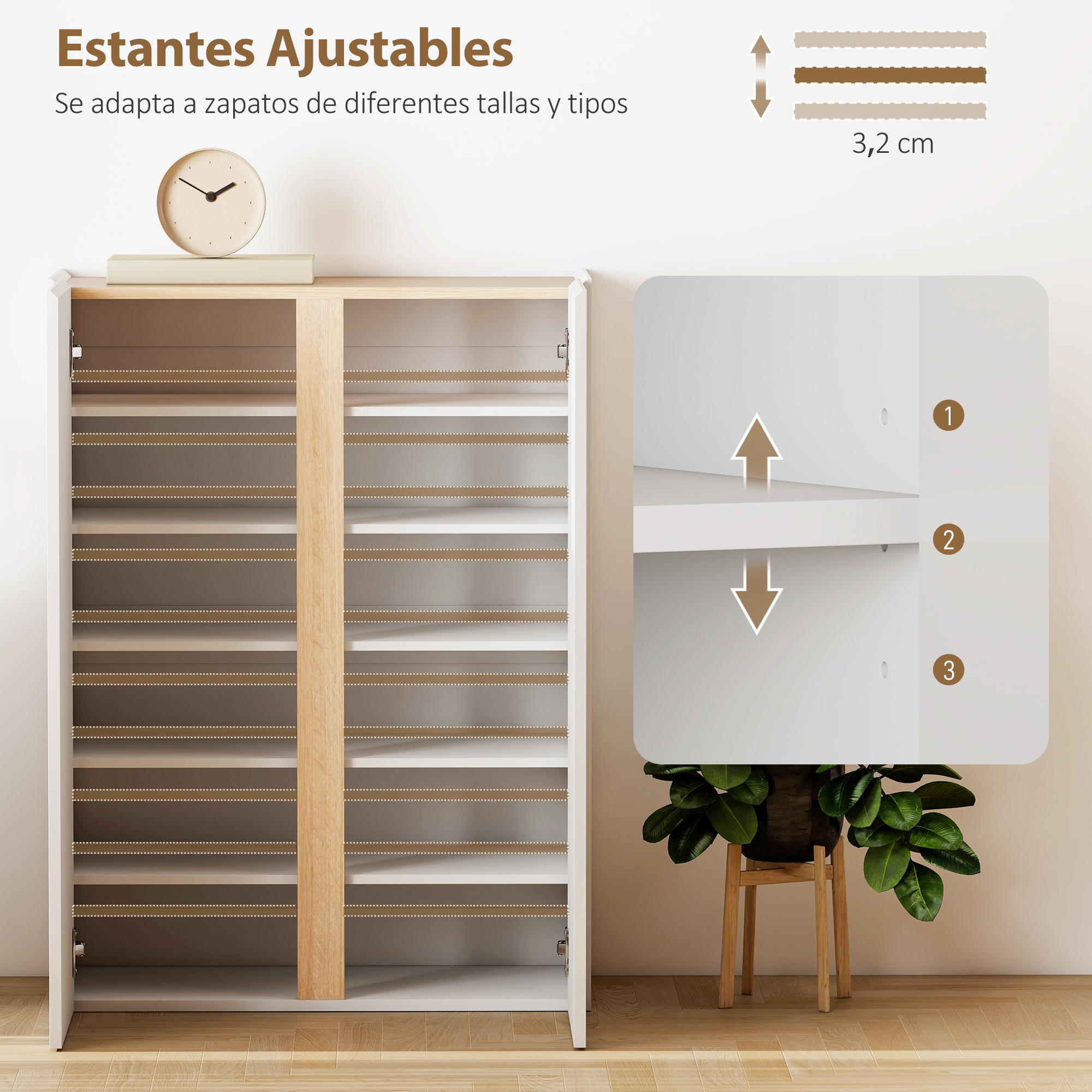 Zapatero blanco con detalles de madera y estantes ajustables. Se ve un reloj encima.