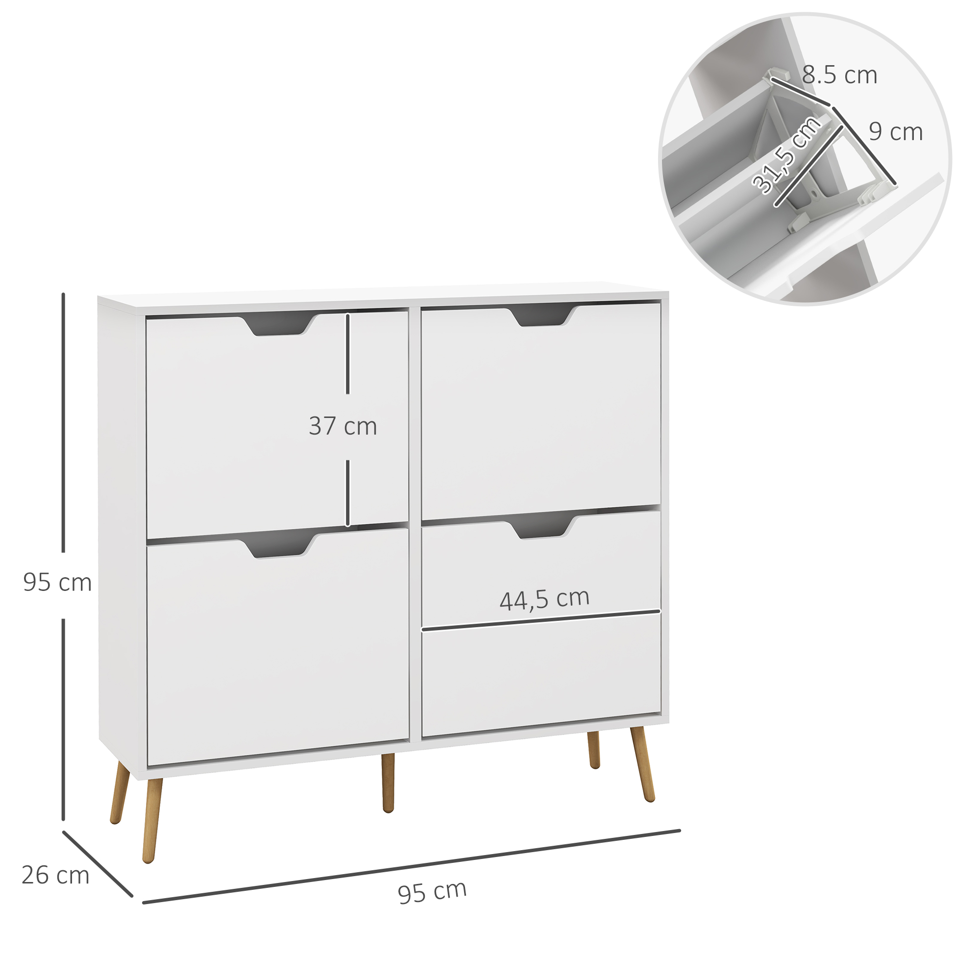 Zapatero blanco con cuatro cajones y patas de madera. Dimensiones indicadas.