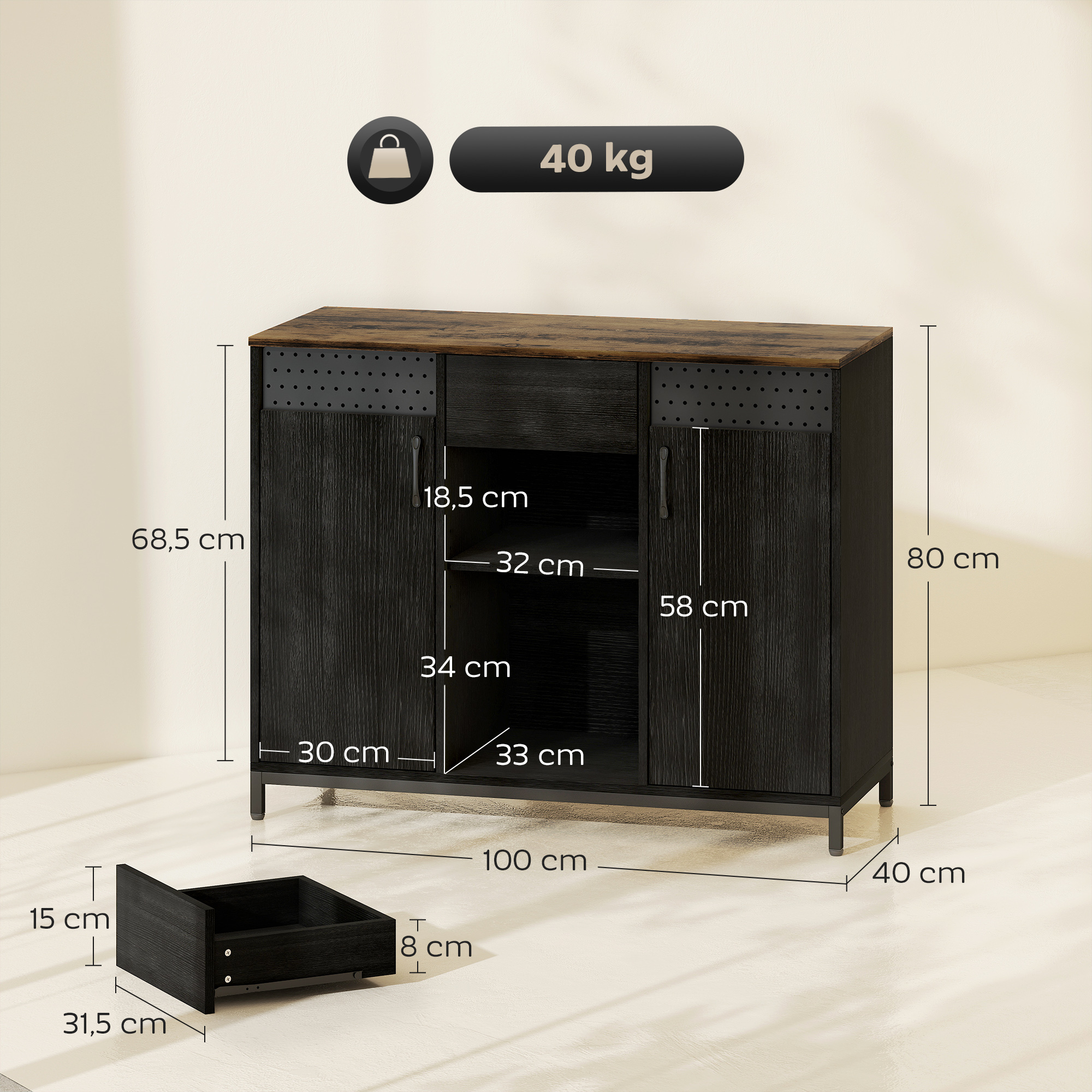 Mueble negro con detalles de madera y un cajón. Se muestran las dimensiones.