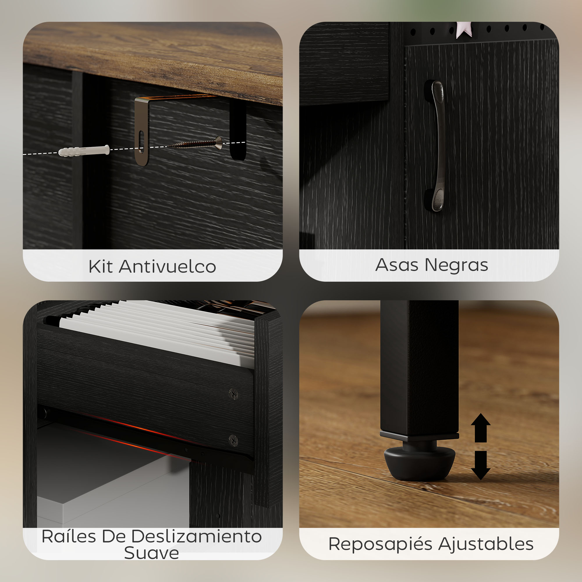 Primer plano de mueble negro con veta de madera, kit antivuelco, tirador y pies ajustables.