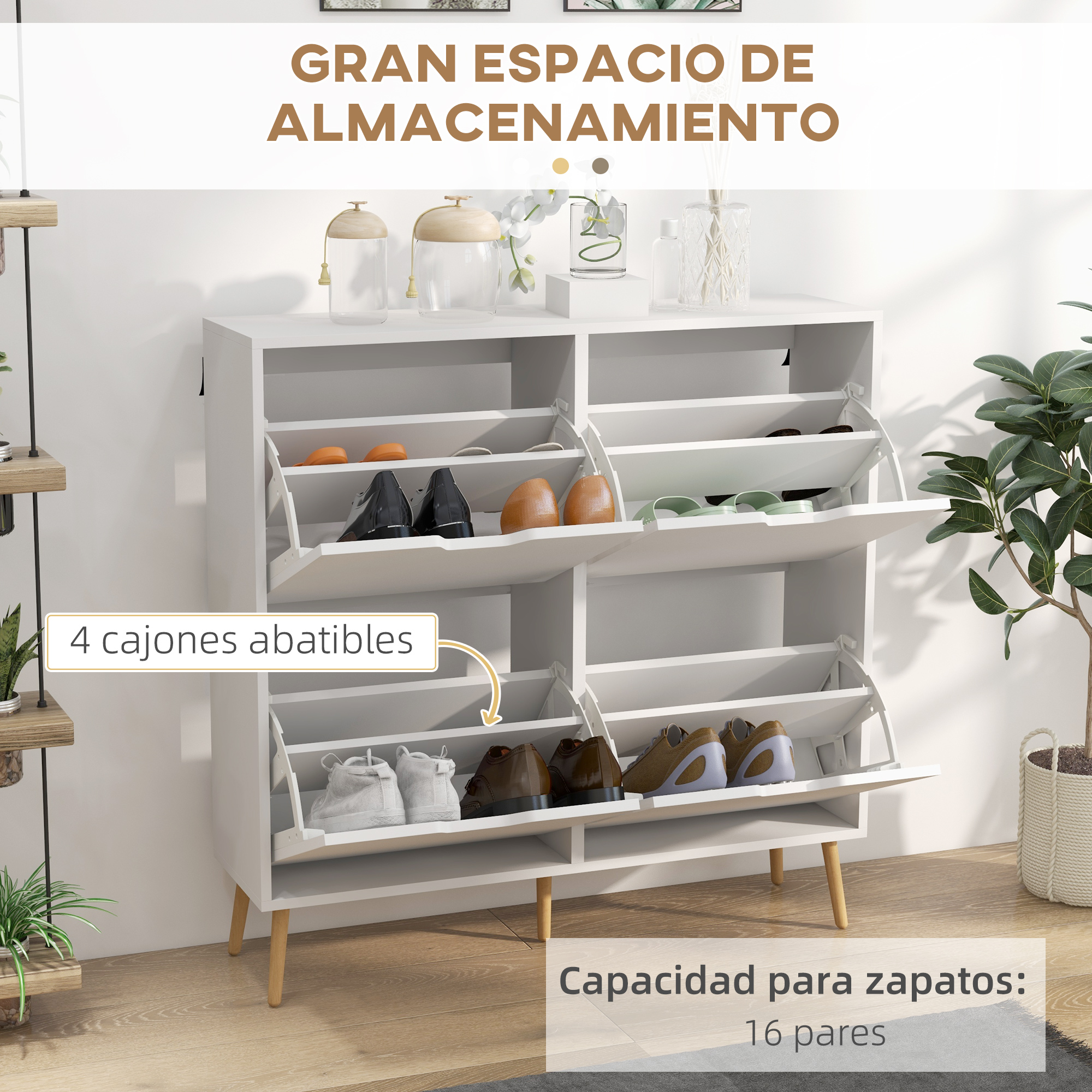Un zapatero blanco con compartimentos abatibles, lleno de zapatos y decoración.