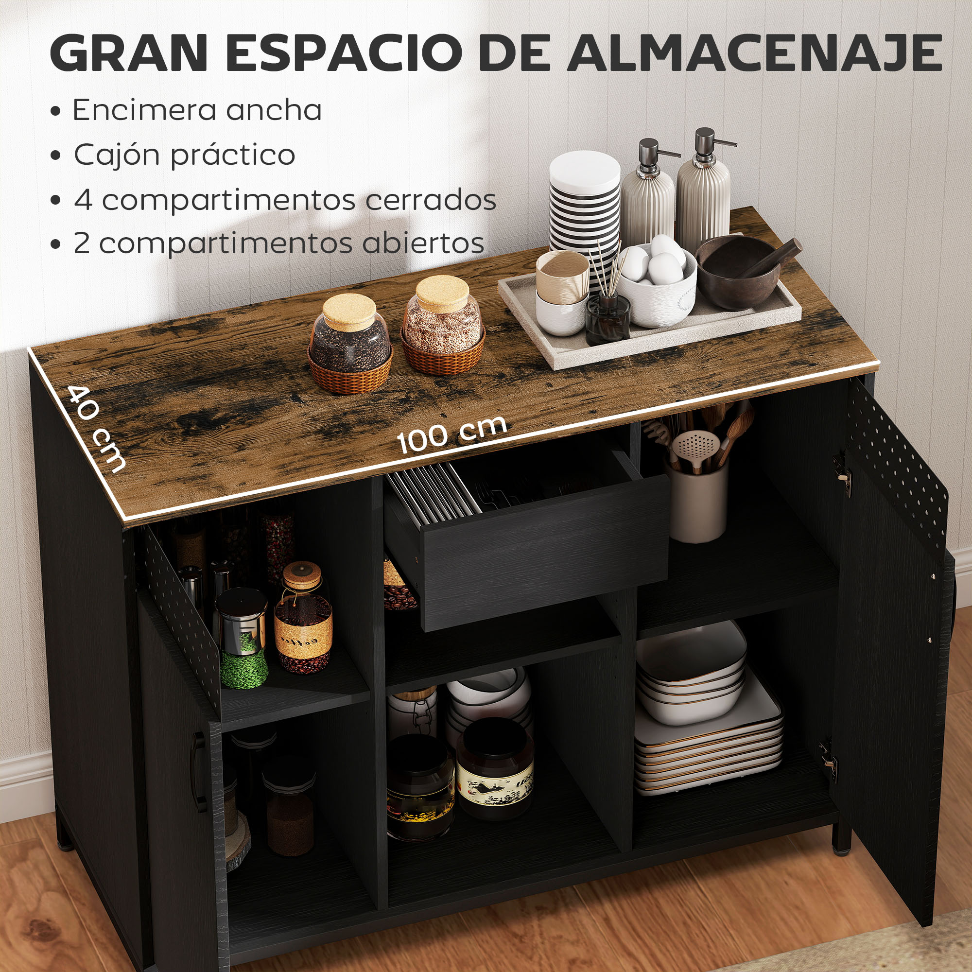 Un armario de almacenamiento rústico marrón y negro con compartimentos abiertos y cerrados, un cajón y objetos encima.