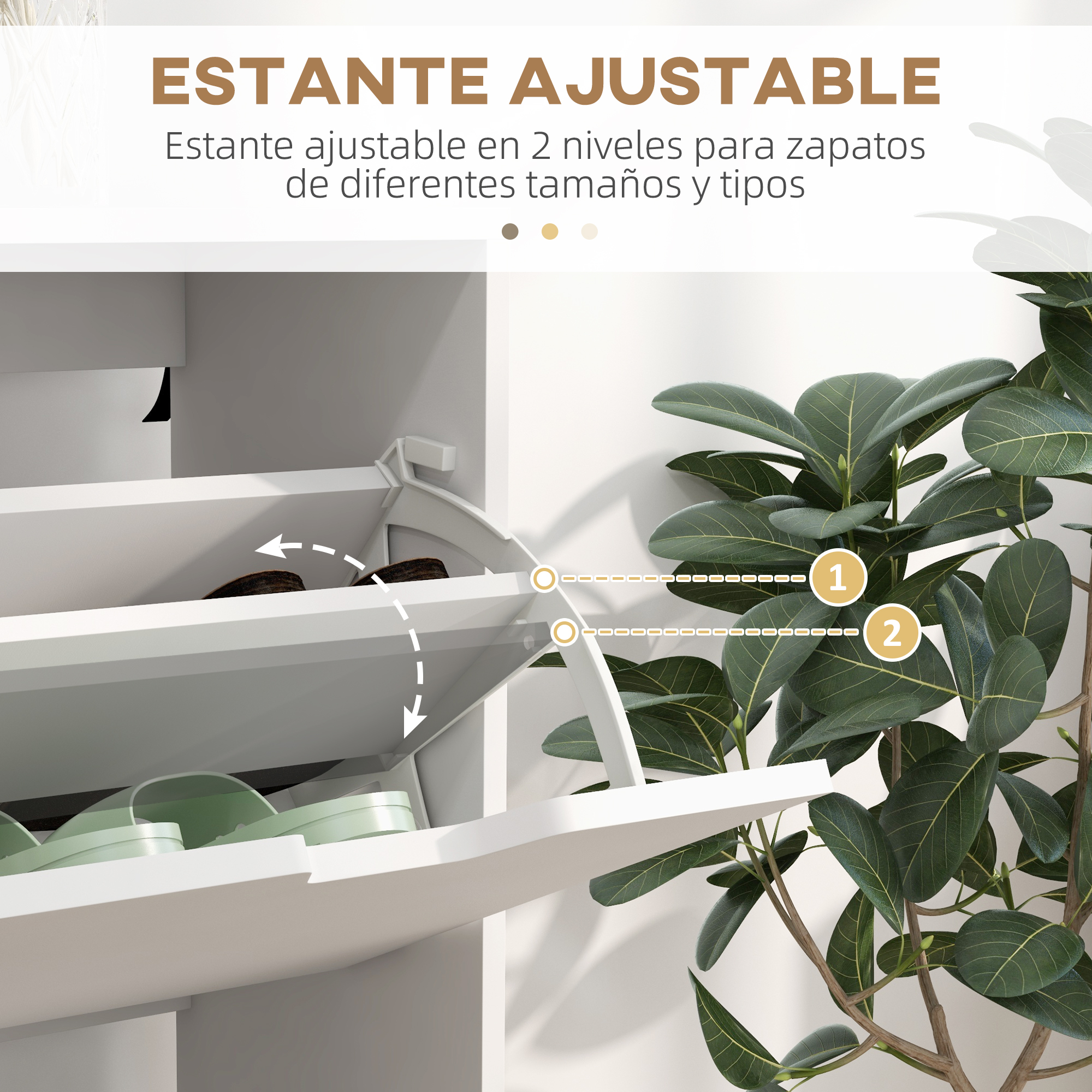 Zapatero ajustable de 2 niveles junto a una planta verde.
