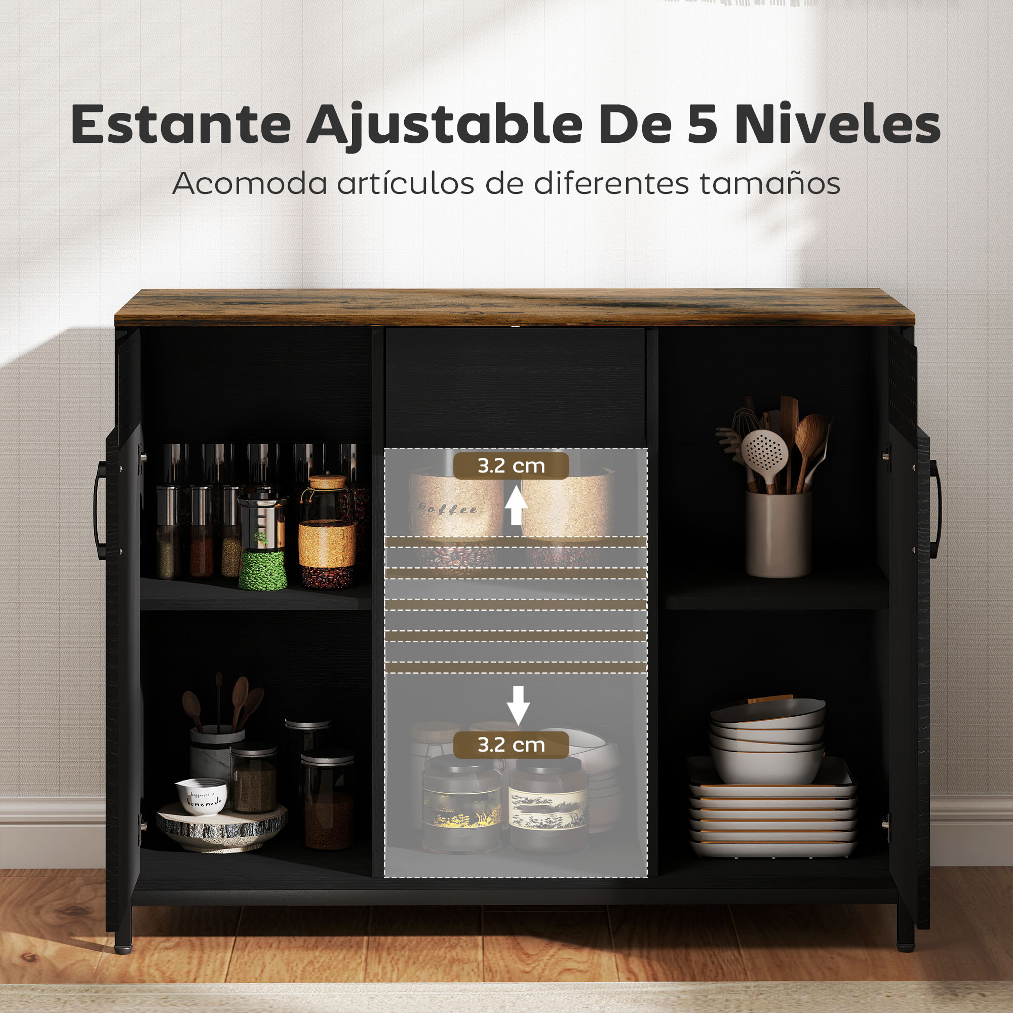Un mueble de madera negra con encimera marrón, estantes ajustables y varios utensilios de cocina. El texto lo describe como una estantería ajustable de 5 niveles.