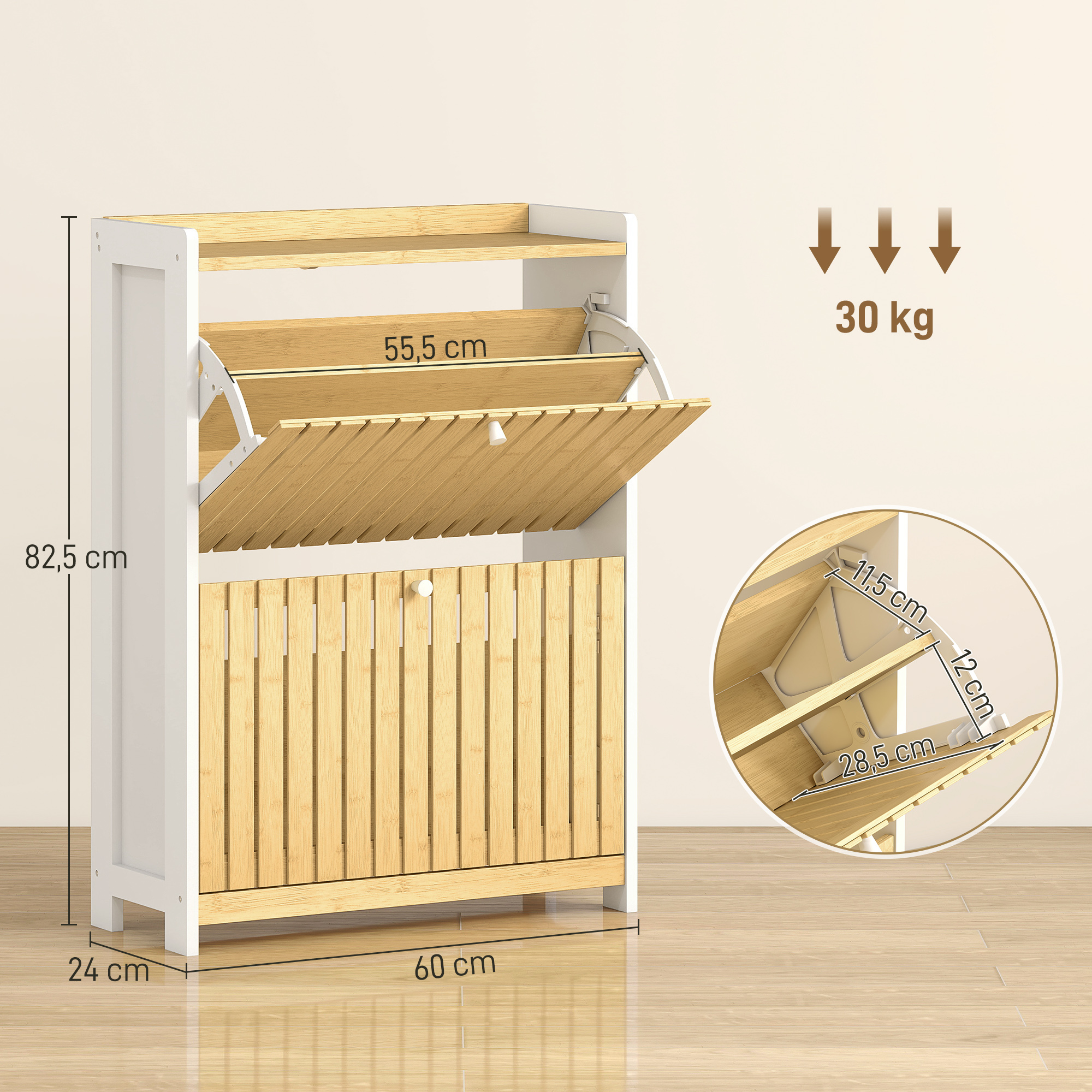 Zapatero blanco con elementos de madera, dos puertas abatibles y medidas.