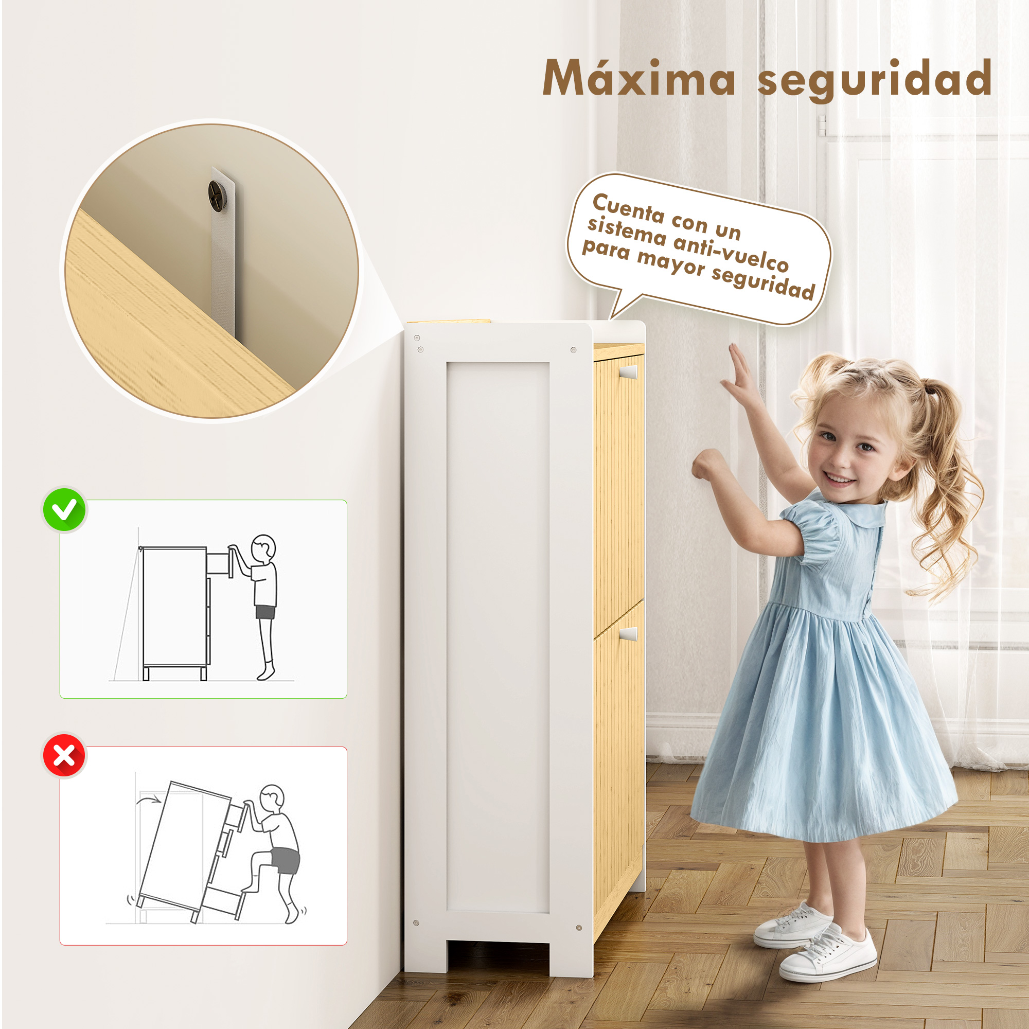 Una niña con vestido azul está al lado de un mueble blanco y amarillo.