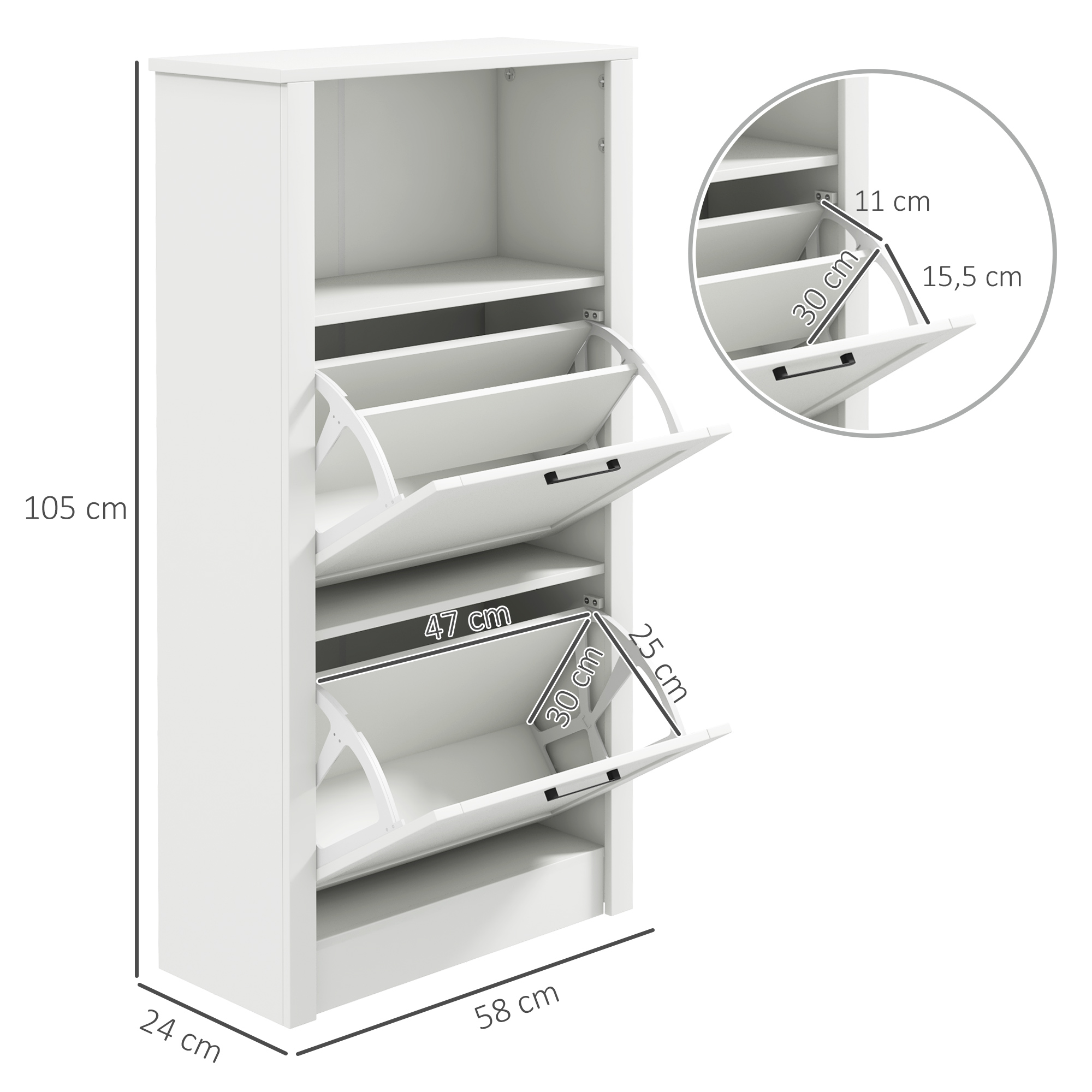 Zapatero blanco con tres puertas abatibles y dimensiones: 105x58x24 cm.