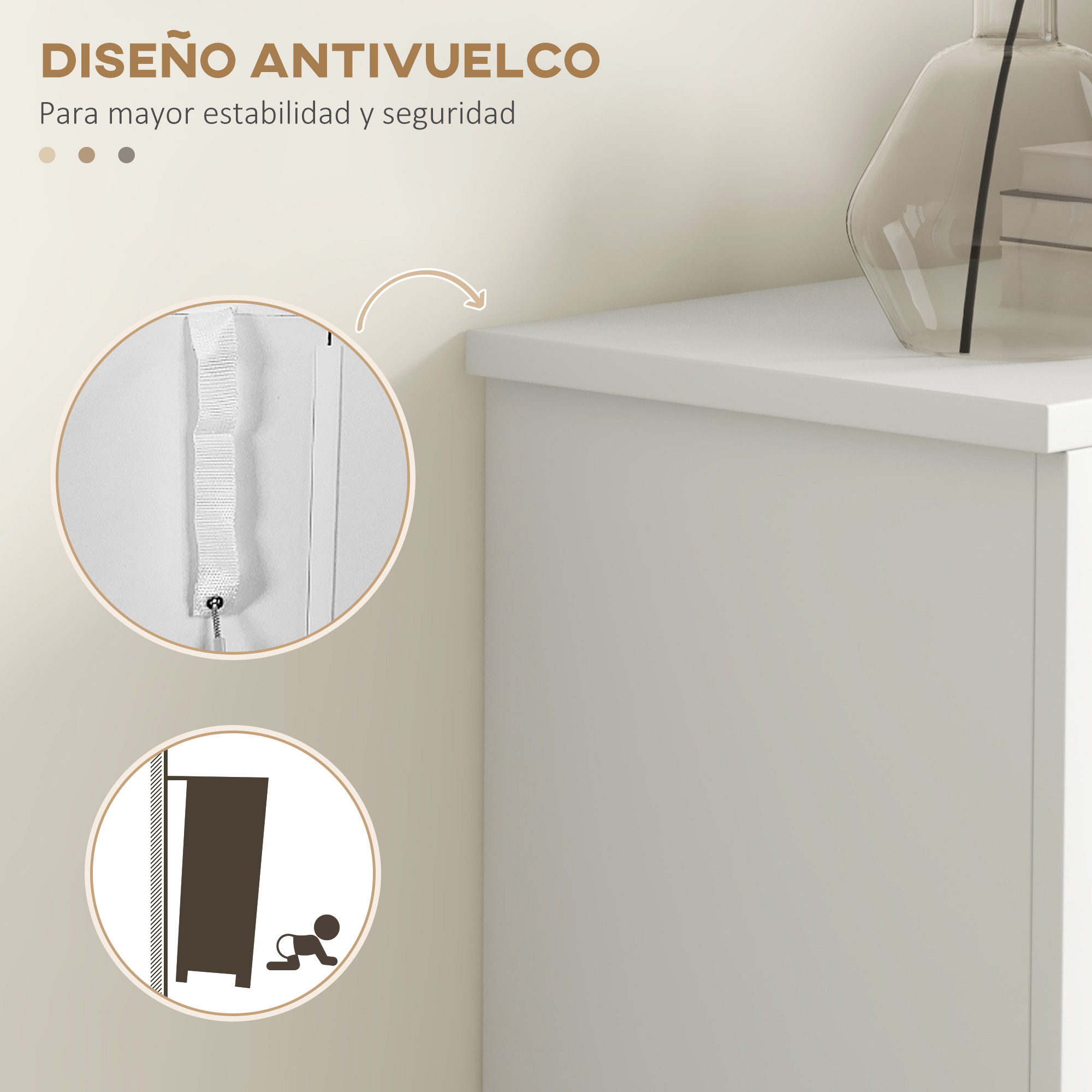 Diseño antivuelco con correa de sujeción e icono de niño.