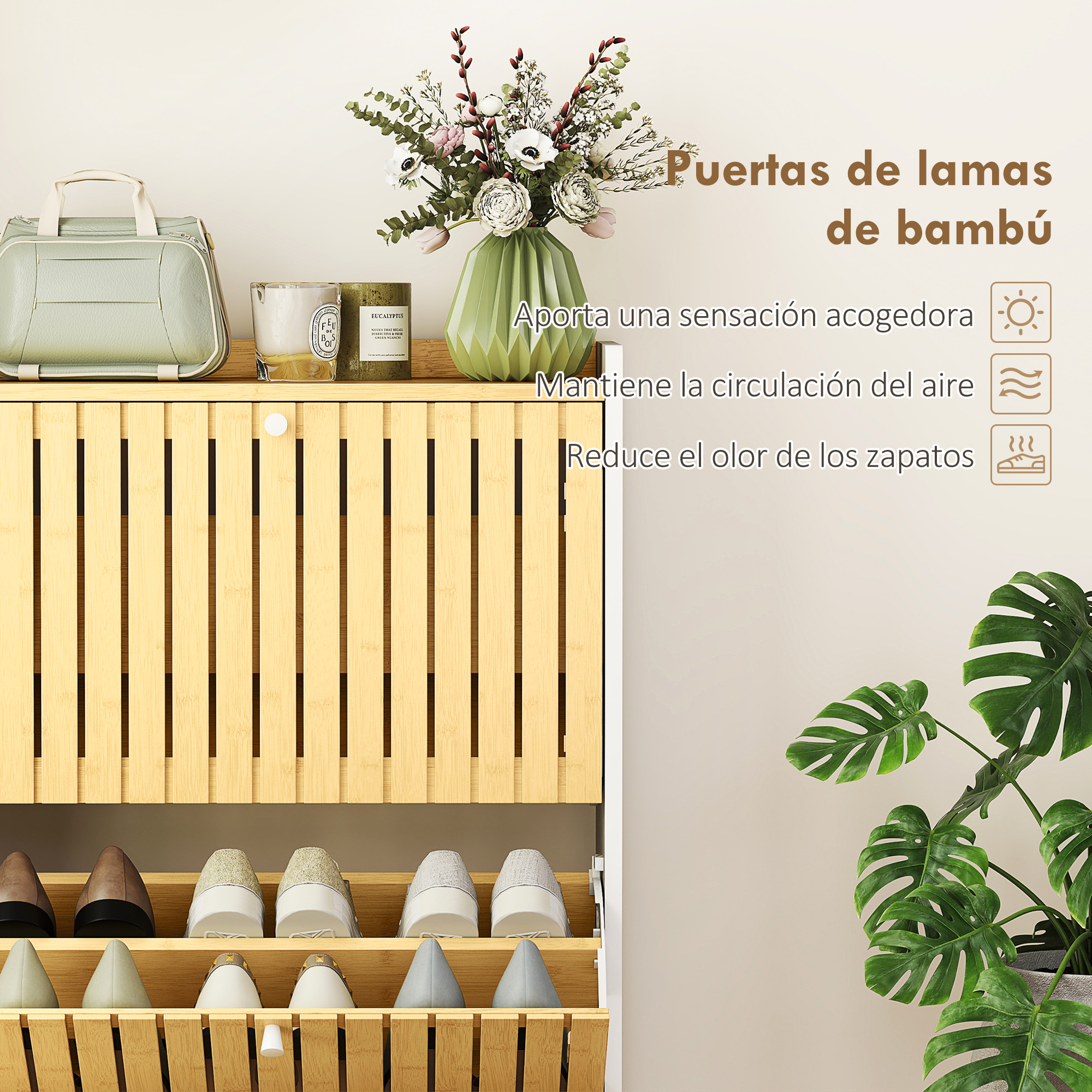 Un zapatero de bambú claro con múltiples estantes, lleno de zapatos. Encima hay un bolso y velas.