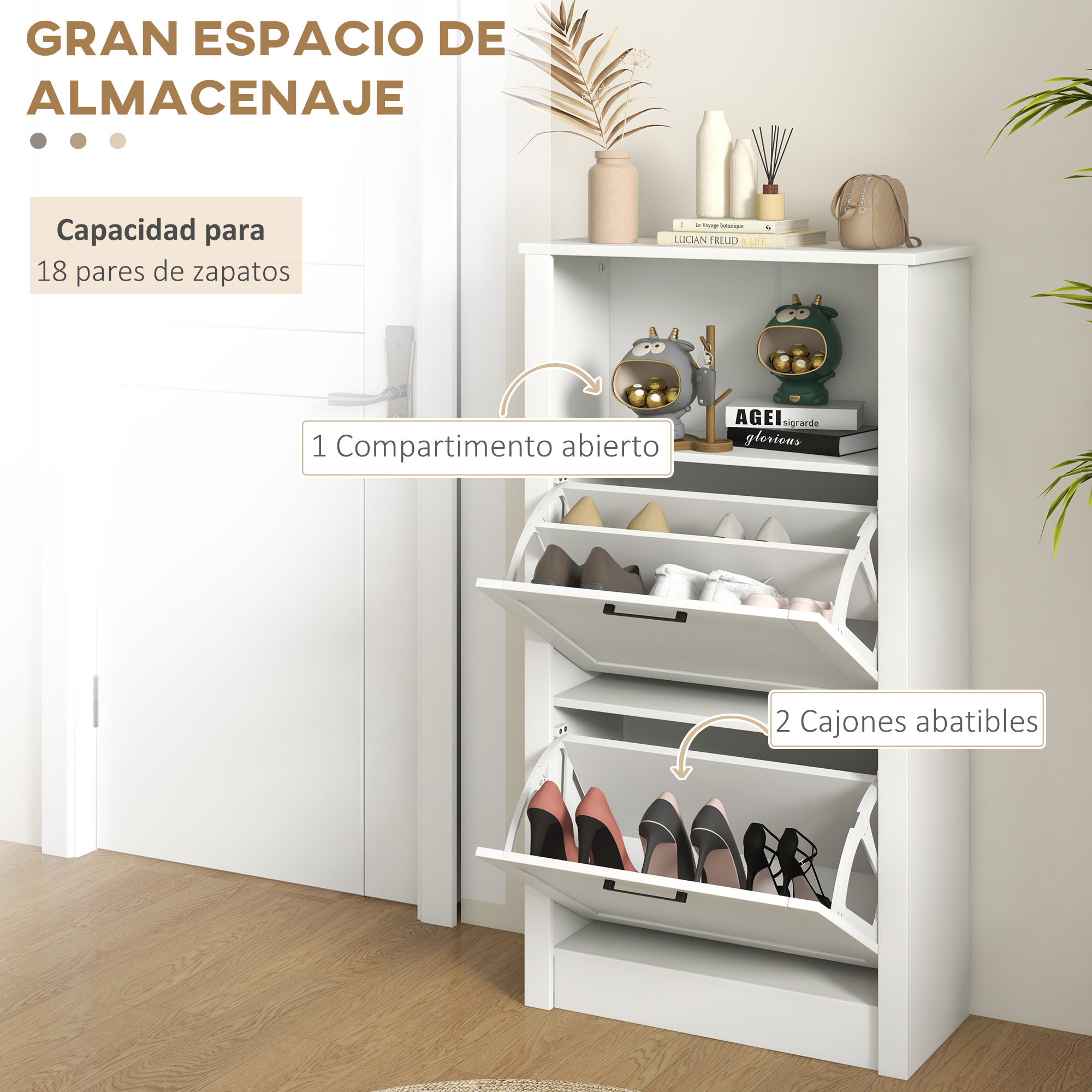 Zapatero blanco con compartimentos abiertos y abatibles con zapatos.