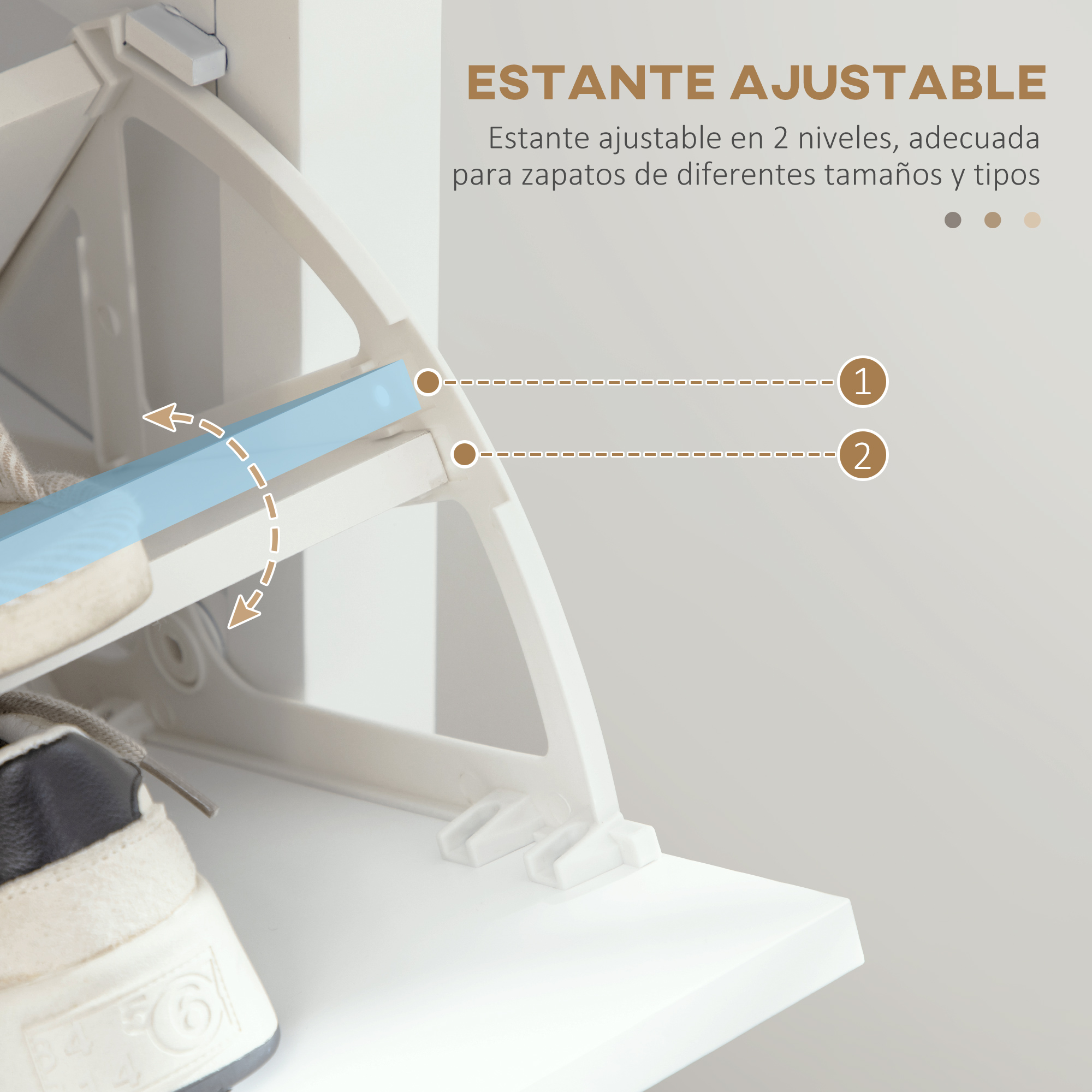 Zapatero ajustable de dos niveles con inserto azul. Flechas indican la función.