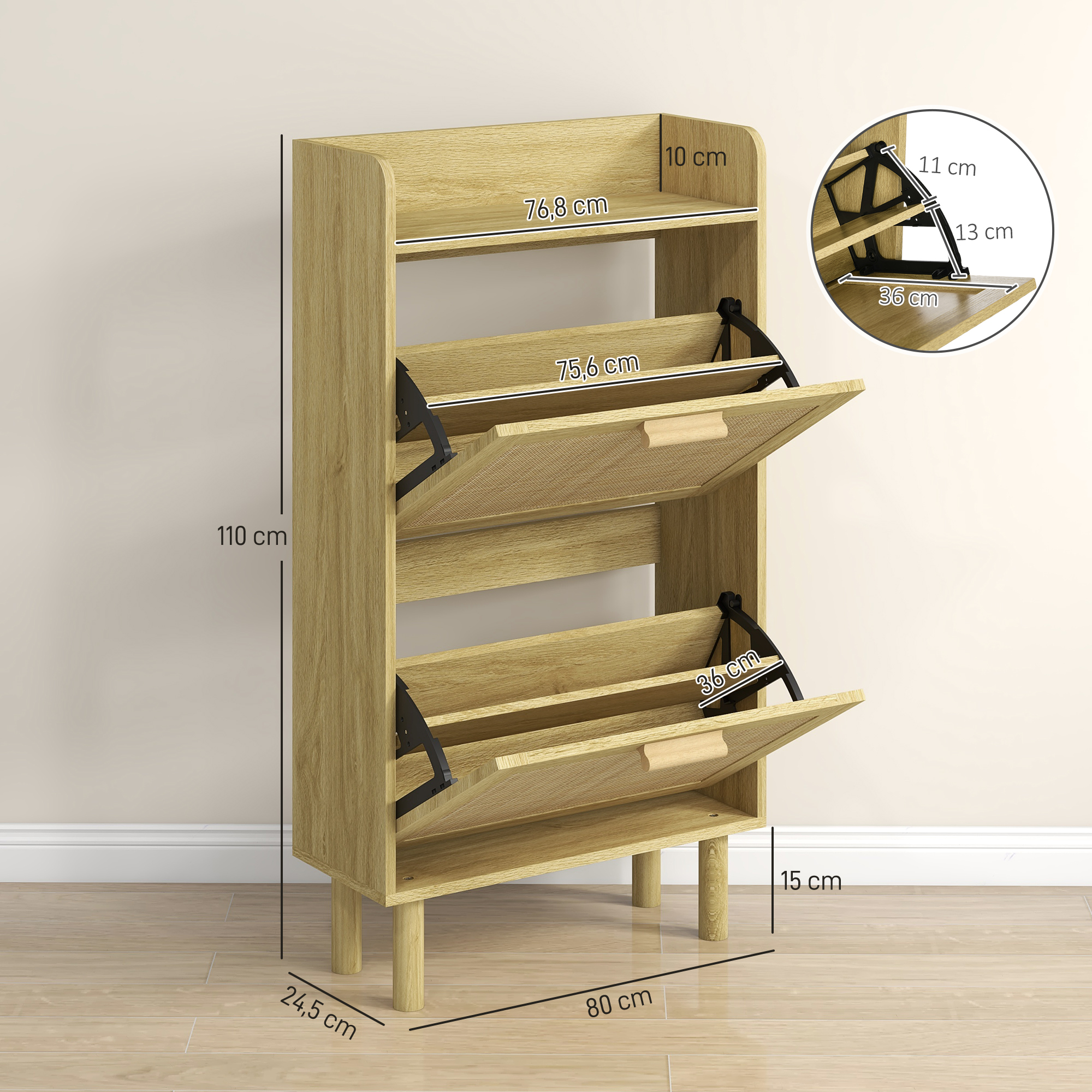 Un zapatero de madera con tres compartimentos abatibles y dimensiones.