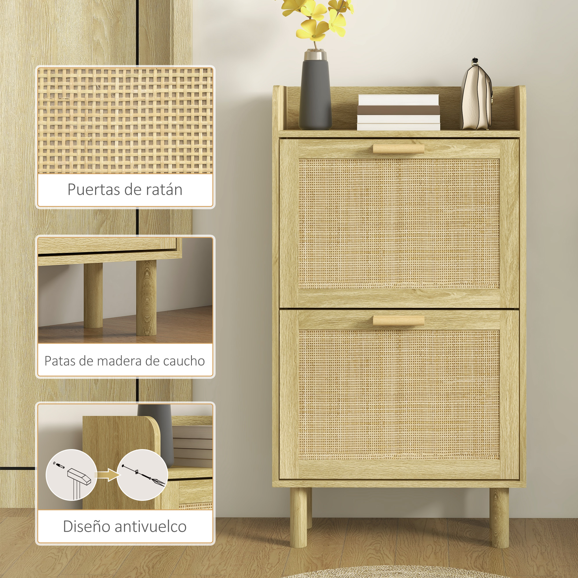 Un mueble de madera con puertas de ratán, jarrones, libros y un bolso.