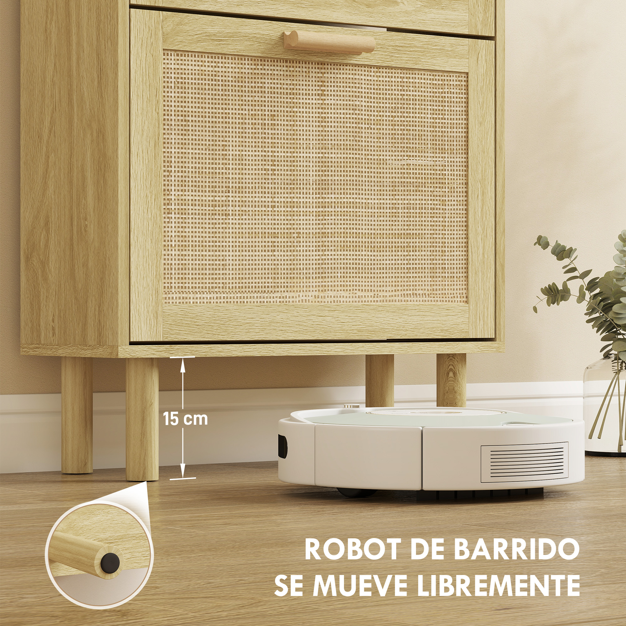 Un robot aspirador blanco se mueve bajo un mueble de madera con frente de ratán.