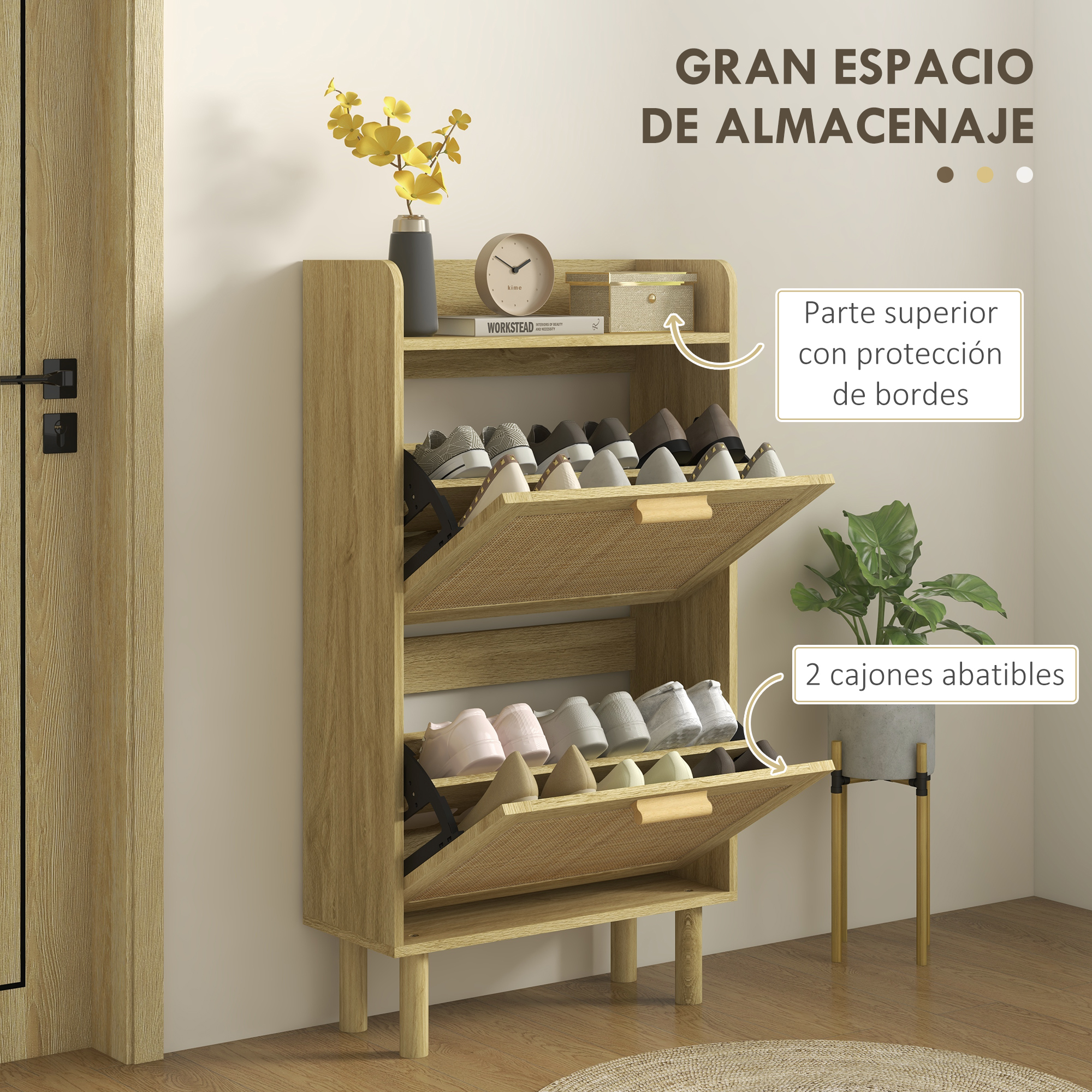 Un zapatero de madera con compartimentos cerrados y abiertos, lleno de zapatos.