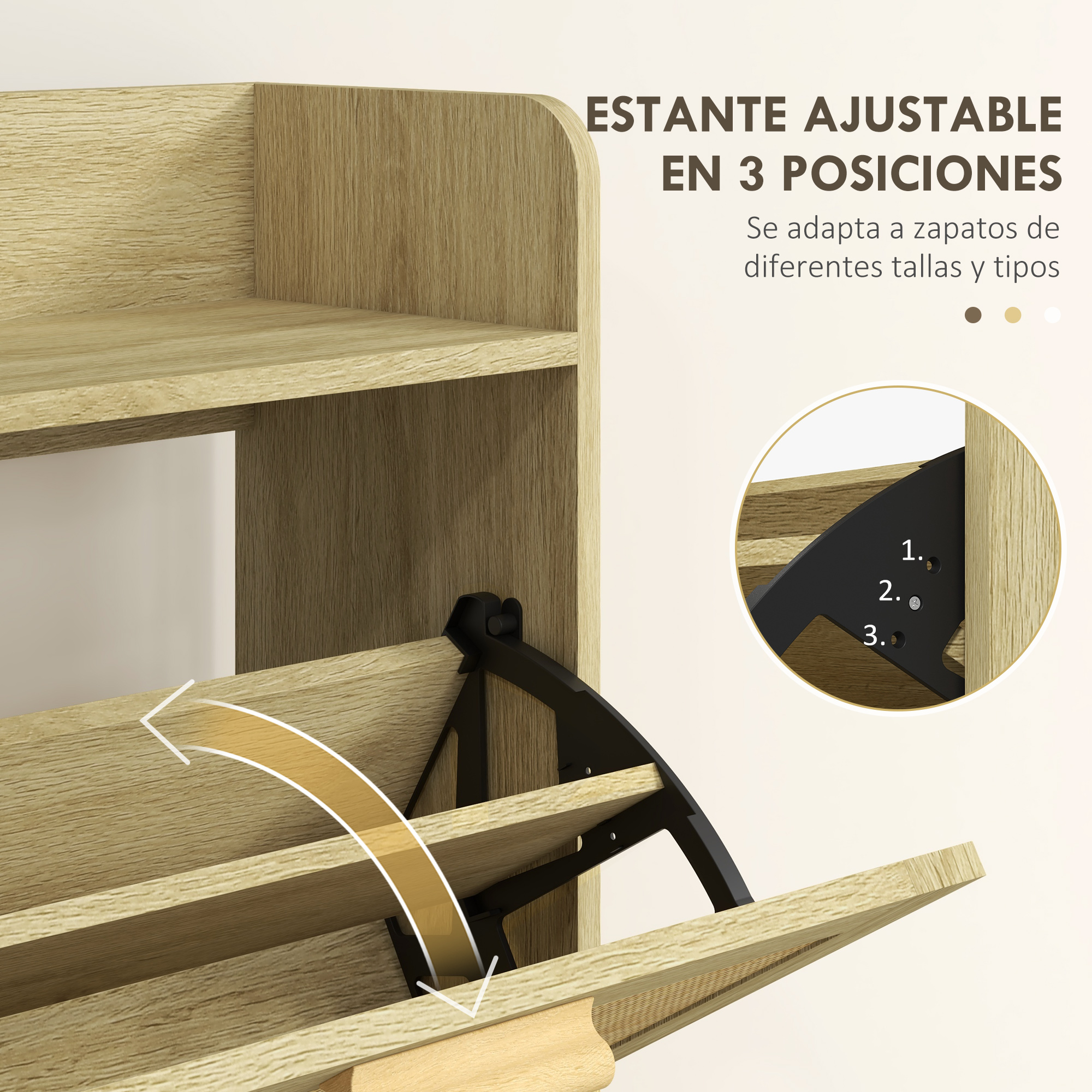 Zapatero de madera con 3 posiciones ajustables y compartimentos abatibles.