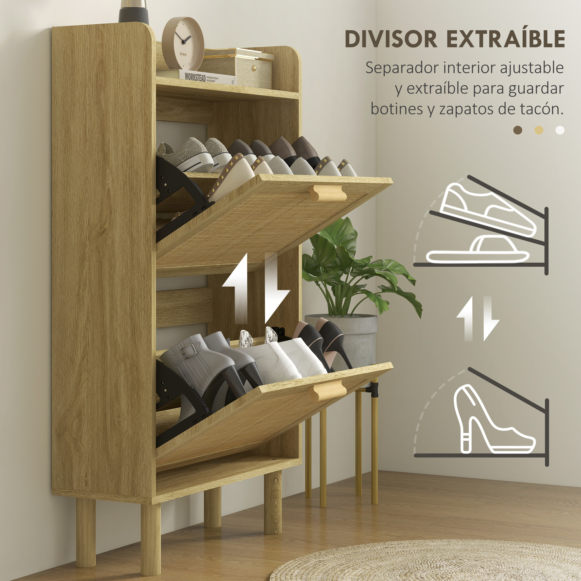 Un zapatero de madera con compartimentos extraíbles llenos de zapatos.