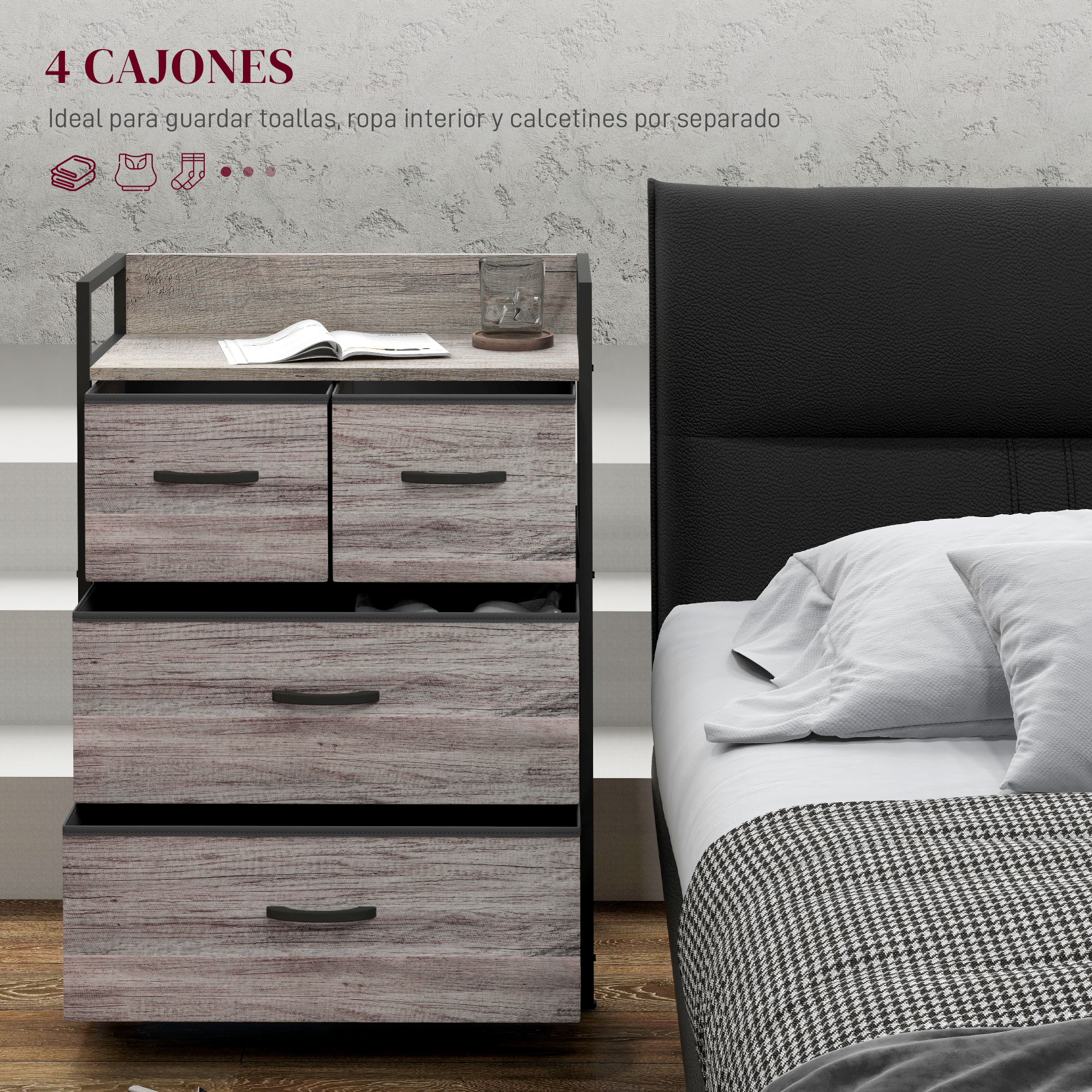Una mesita de noche con cuatro cajones de aspecto madera junto a una cama.