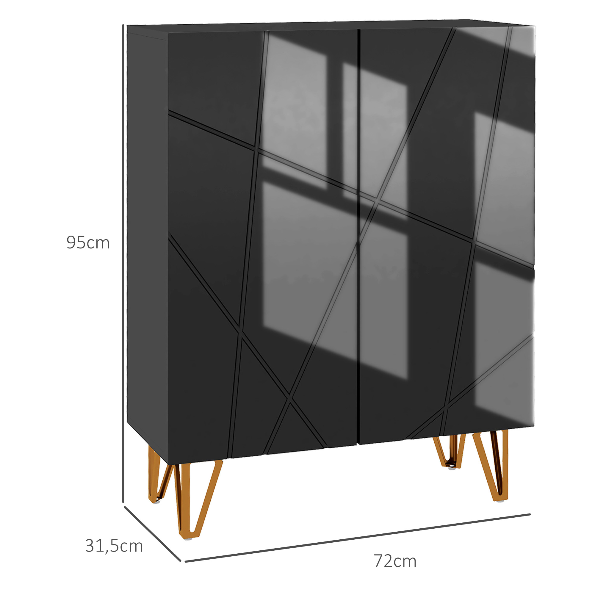 Gabinete negro con patrón geométrico en las puertas, sobre cuatro patas doradas.