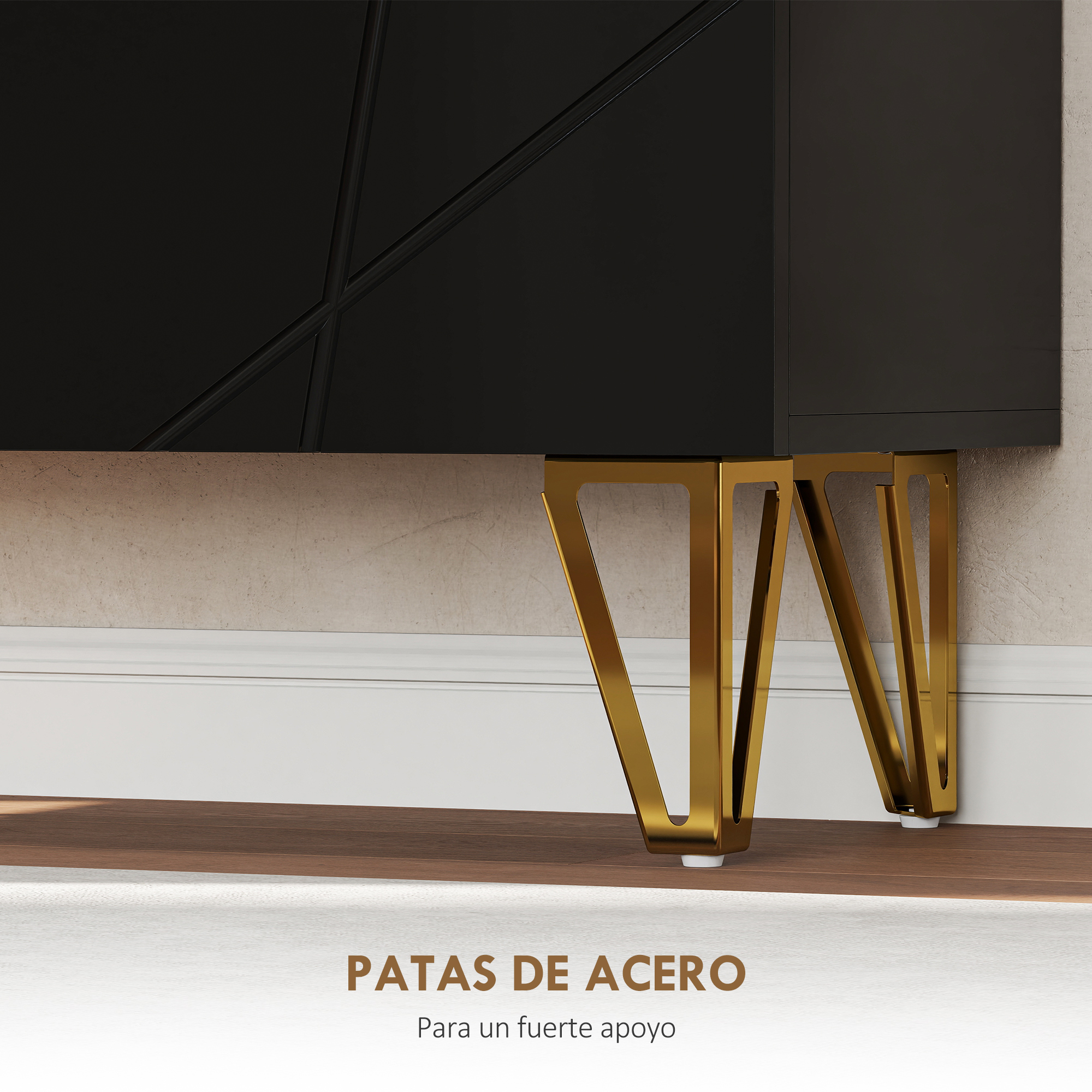 Gabinete negro con patrones geométricos sobre patas de acero dorado.