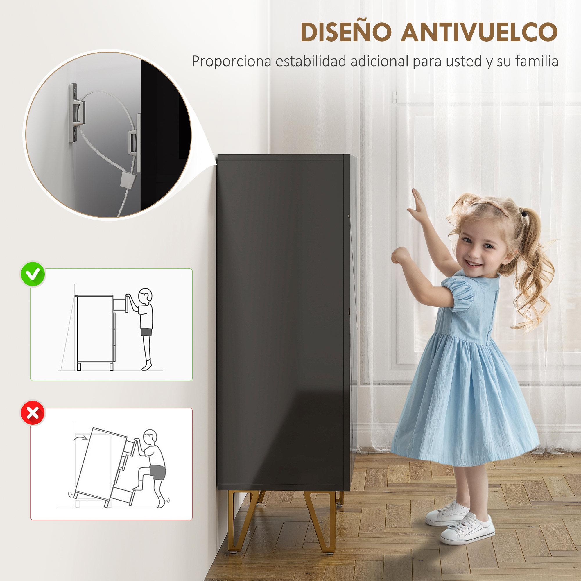 Una niña con vestido azul junto a un armario negro con patas doradas.