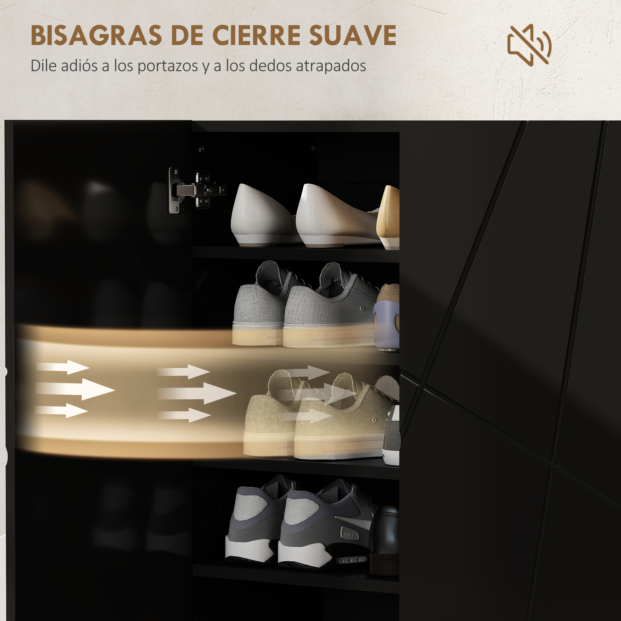 Zapatero negro con estantes que muestran varios zapatos y una bisagra de cierre suave.