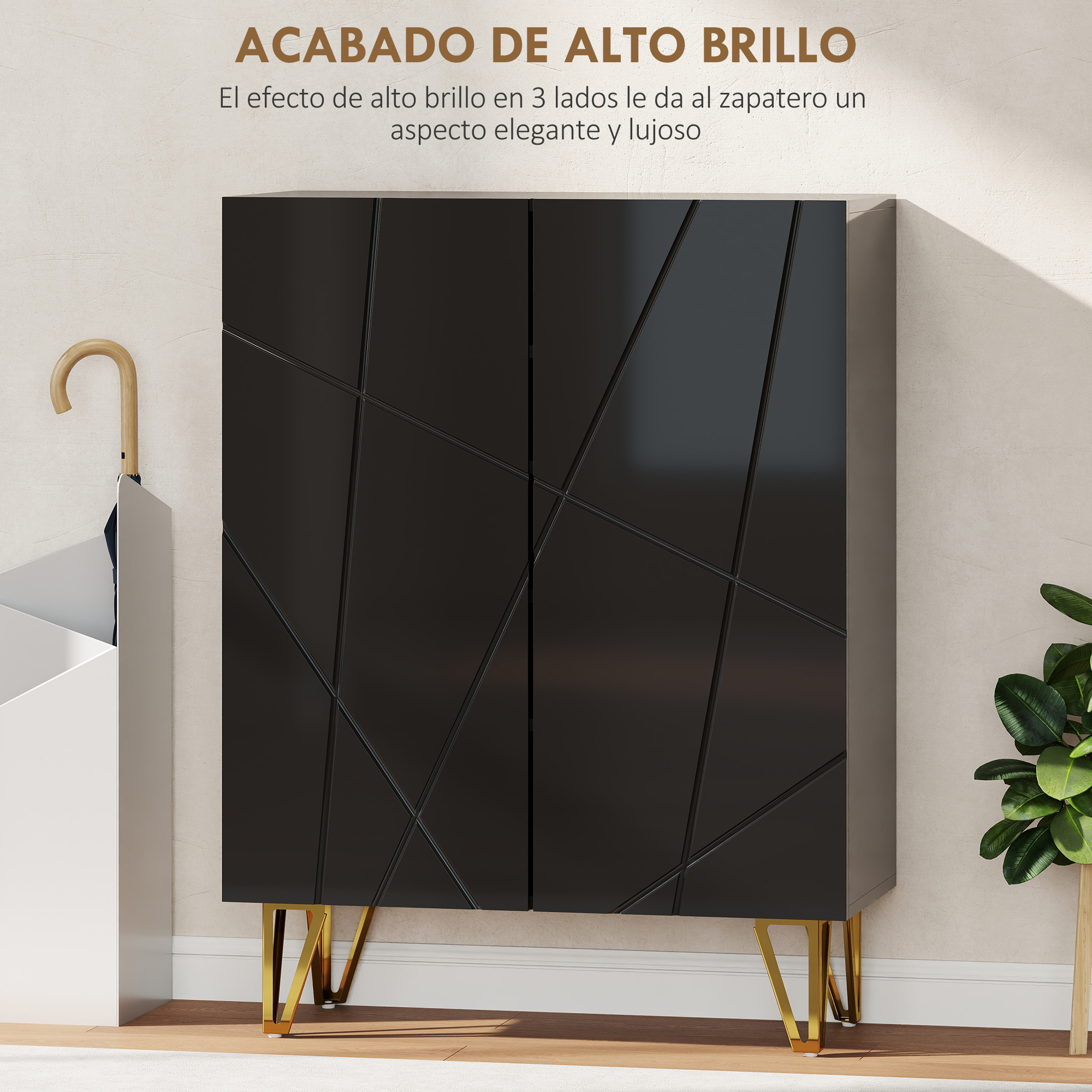 Un mueble negro con patrón geométrico y patas doradas.