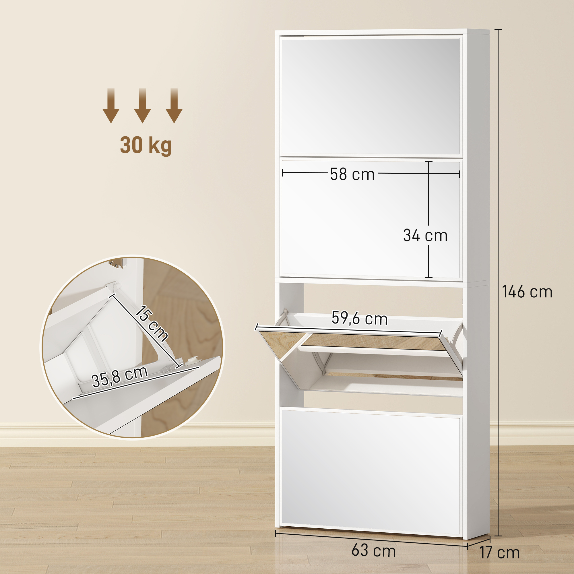 Zapatero blanco con 3 puertas abatibles, medidas 146x63x17cm, capacidad 30kg.