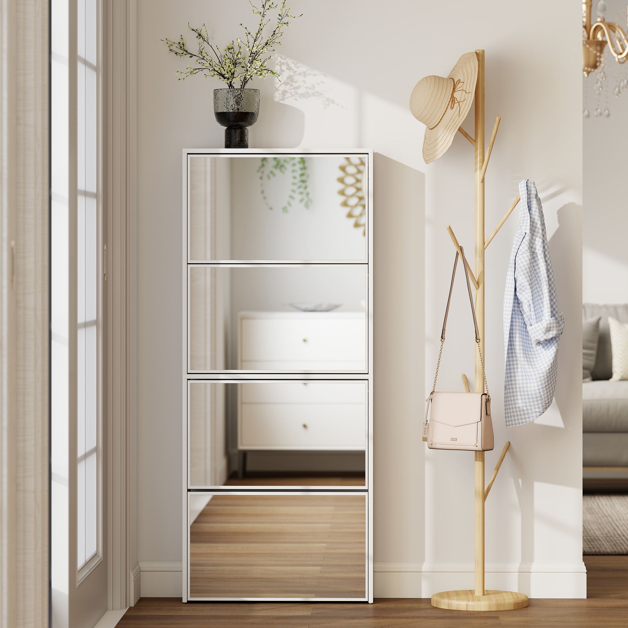 Un mueble blanco alto con puertas espejadas, un sombrero, bolso y camisa.