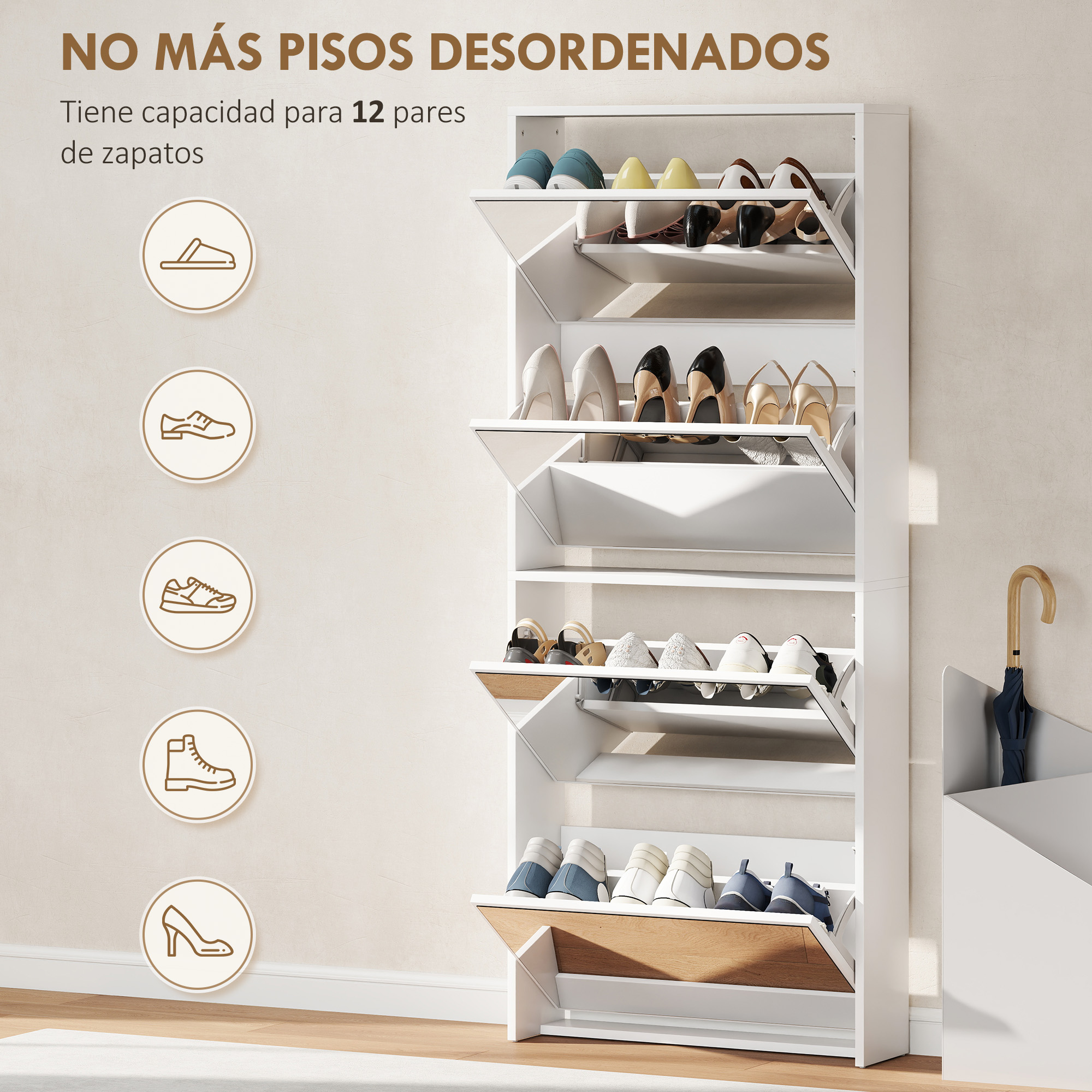 Un zapatero blanco con múltiples estantes que contienen varios zapatos.