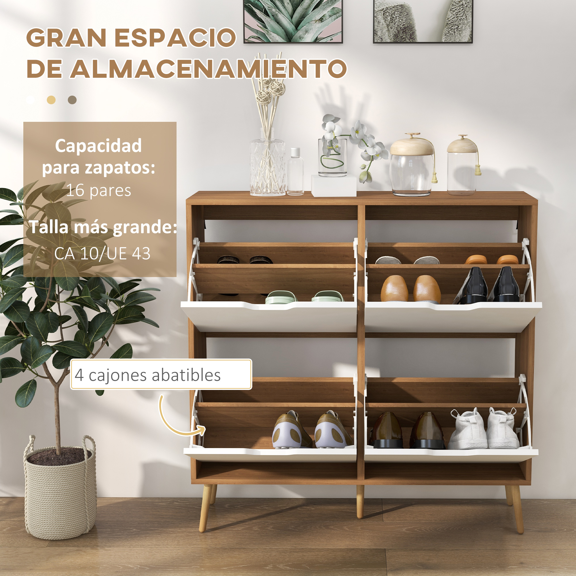 Un zapatero marrón con cuatro compartimentos abatibles y una planta.