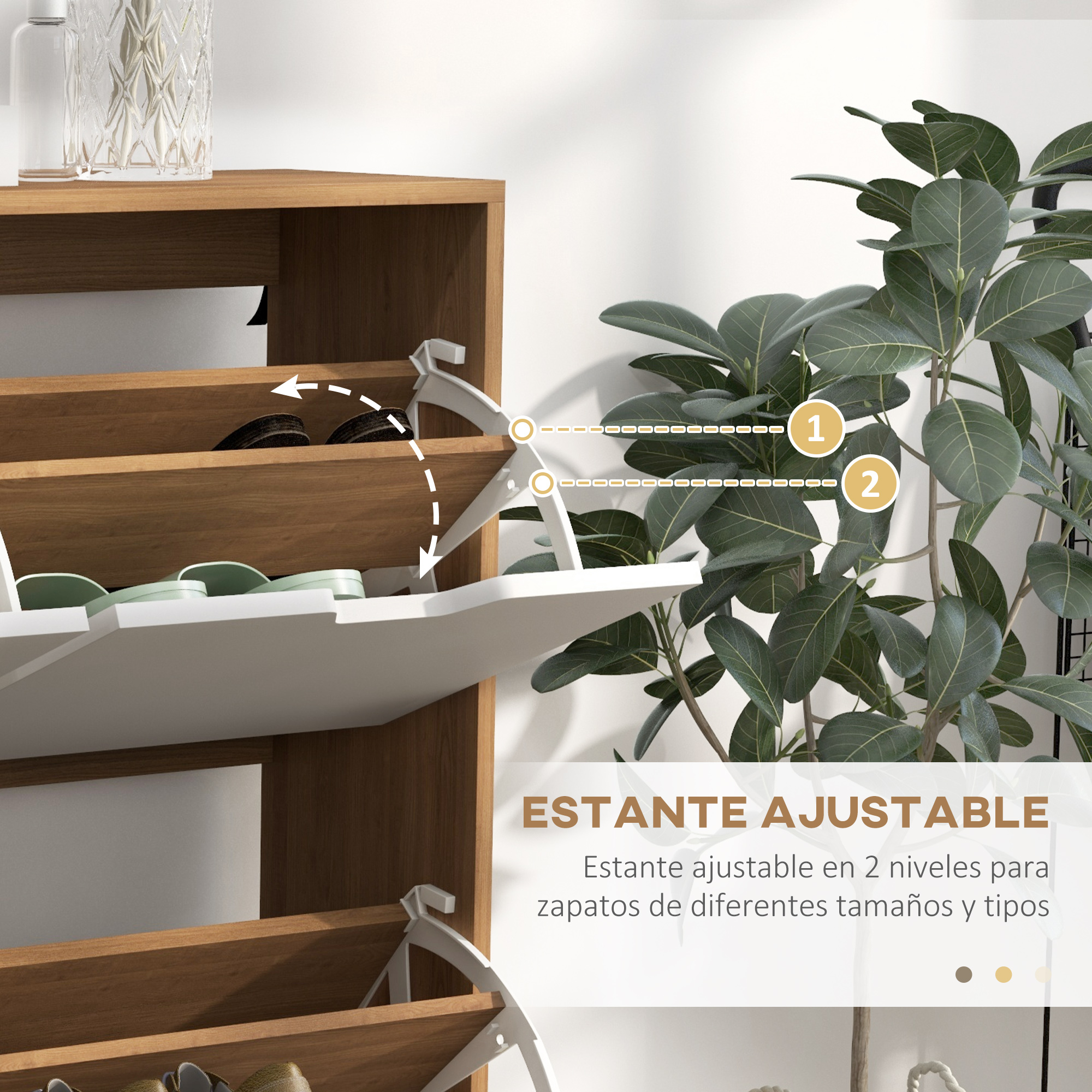 Mueble zapatero de madera con compartimentos abatibles y plantas.