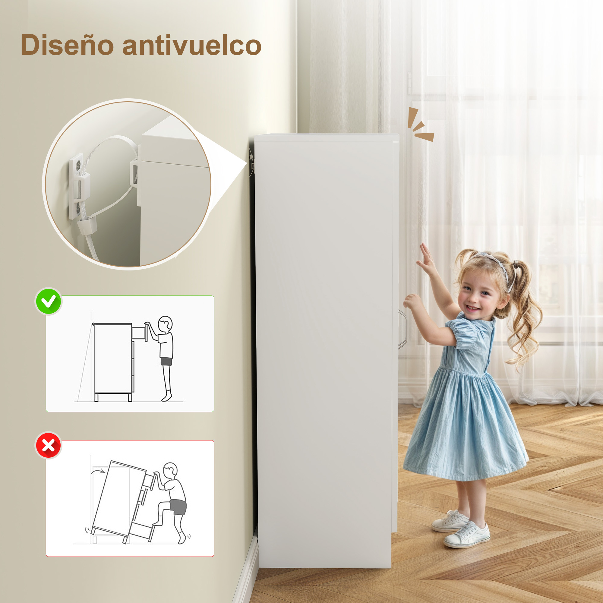 Un armario blanco, asegurado contra vuelcos, con un niño al lado.
