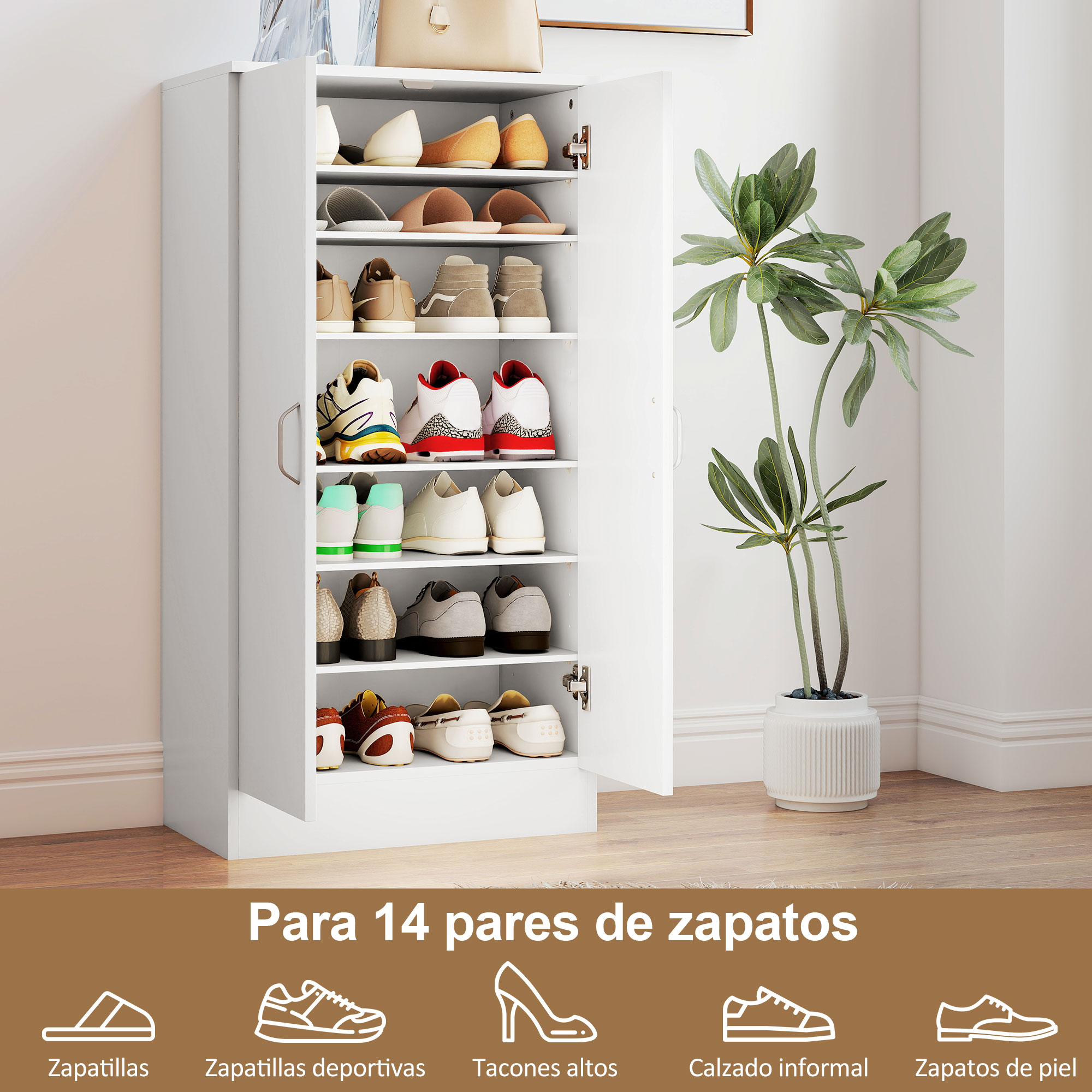 Un zapatero blanco lleno de zapatos, junto a una planta verde.