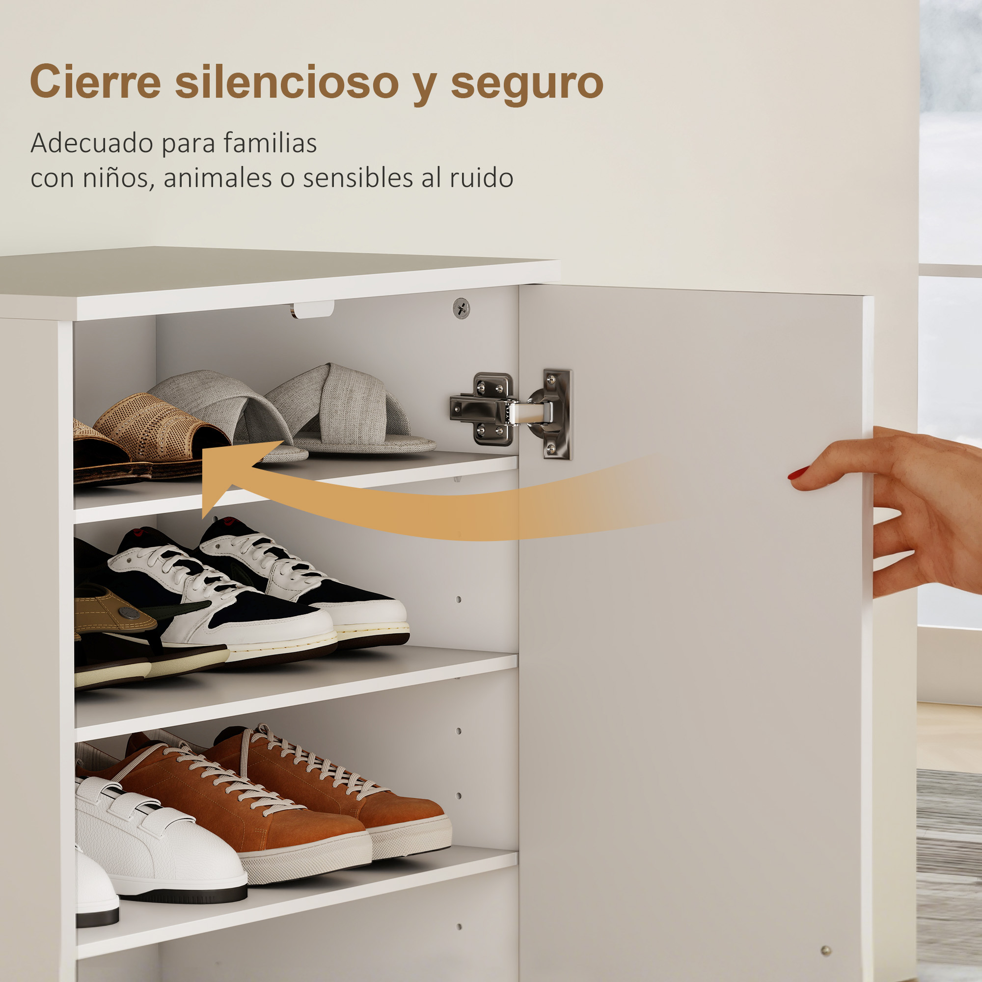 Un zapatero blanco con puertas abiertas, lleno de zapatos y zapatillas.