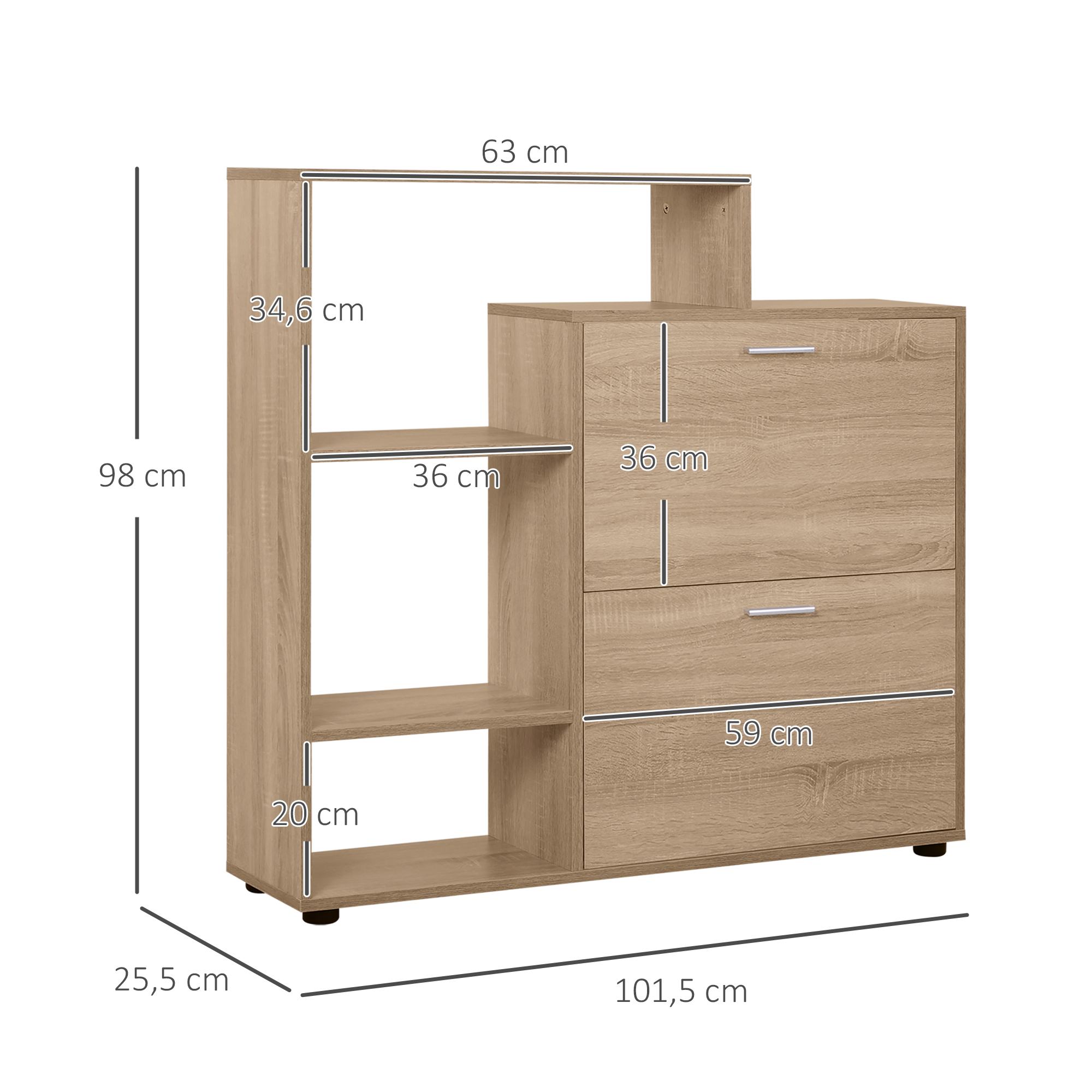 Estantería de madera con medidas y cajones.