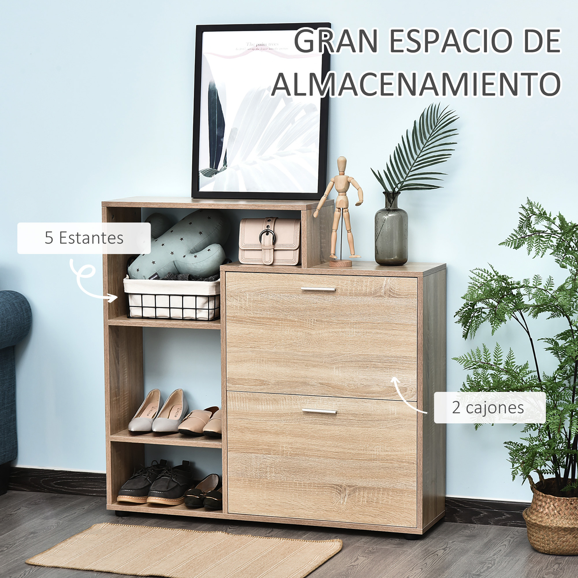 Mueble de madera con 5 estantes y 2 cajones, con zapatos y decoración.